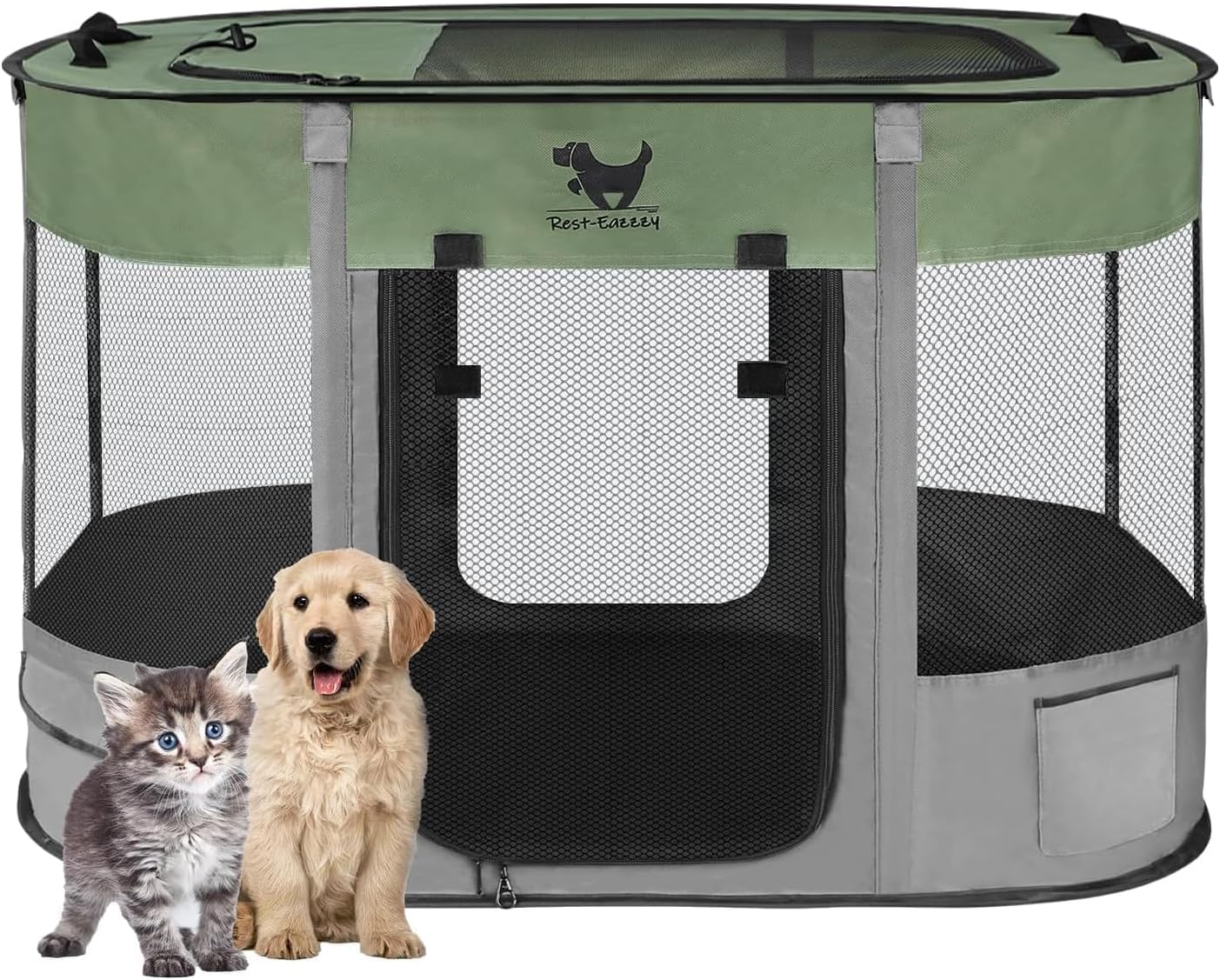 Rest-Eazzzy Dog Playpen, Foldable Kitten Playpen for Medium Dogs, Portable Pet Puppy Playpen with Removable Shade Cover, Indoor Outdoor Travel Camping Use for Small Pets with Carrying Case (S, Green) Green Small