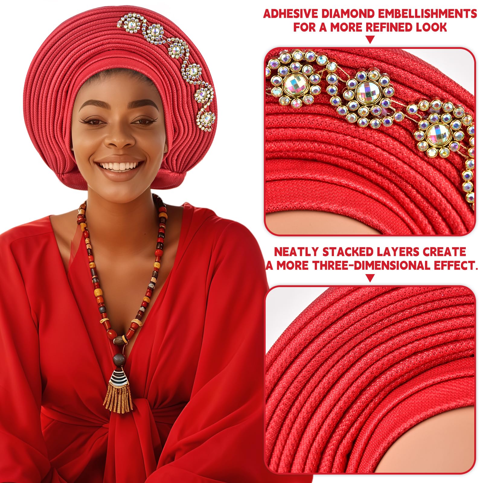 Embellished Red Gele Headwrap A Traditional African Muslim Gele Headwrap Featuring a Multi  main image 2