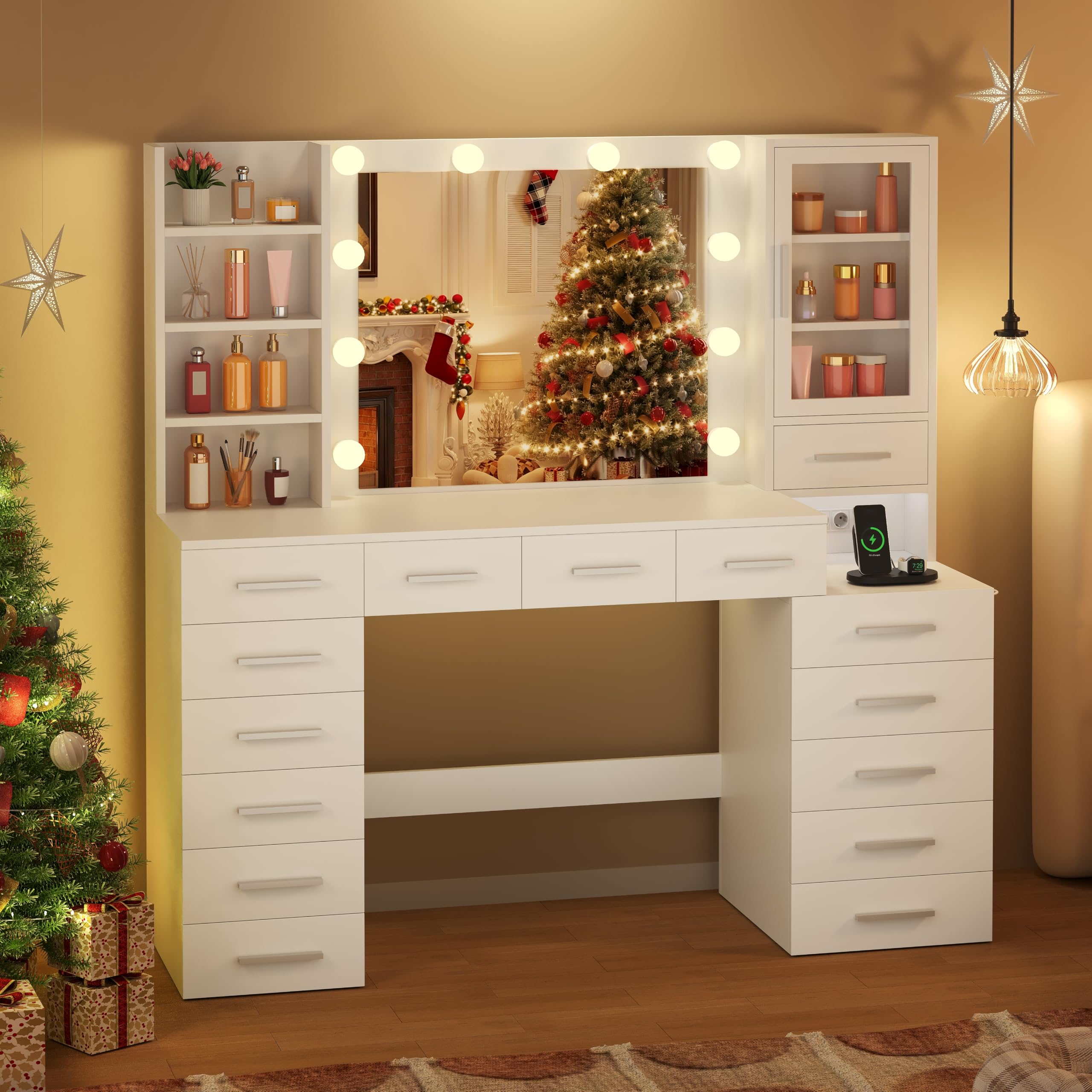 ANWBROAD Grande Toeletta con Specchio e Luci, Luminosità Regolabile, Bianco | Toeletta Trucco con Prese, Tavolo da Trucco con 15 Cassetti e 7 Ripiani Aperti per Camera da Letto Postazione Trucco BDT37W