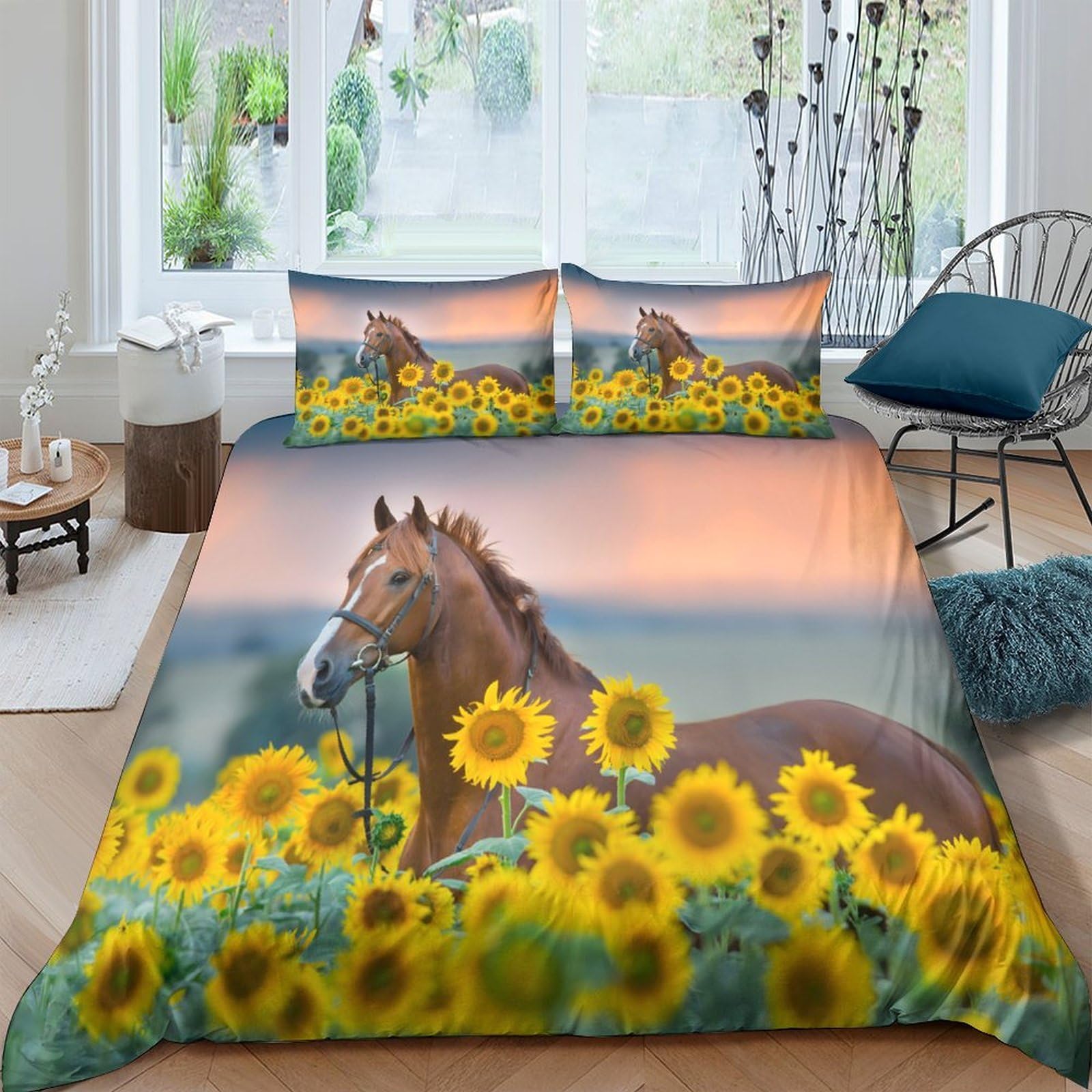 Ctjqhvkz Style-4 3D Printed Brown Horse Fitted Sheet Microfiber Soft Sunflower Field Bed Cover For Bedroom Dorm Mattress Decor Single（135X200cm）