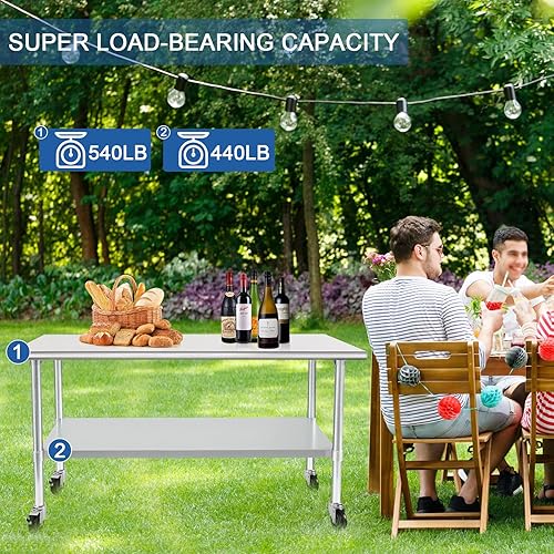 Miniatura 6 de HARDURA Mesa de acero inoxidable con ruedas de 24 x 60 pulgadas, ruedas NSF Mesa de trabajo y preparación comercial resistente con estante inferior