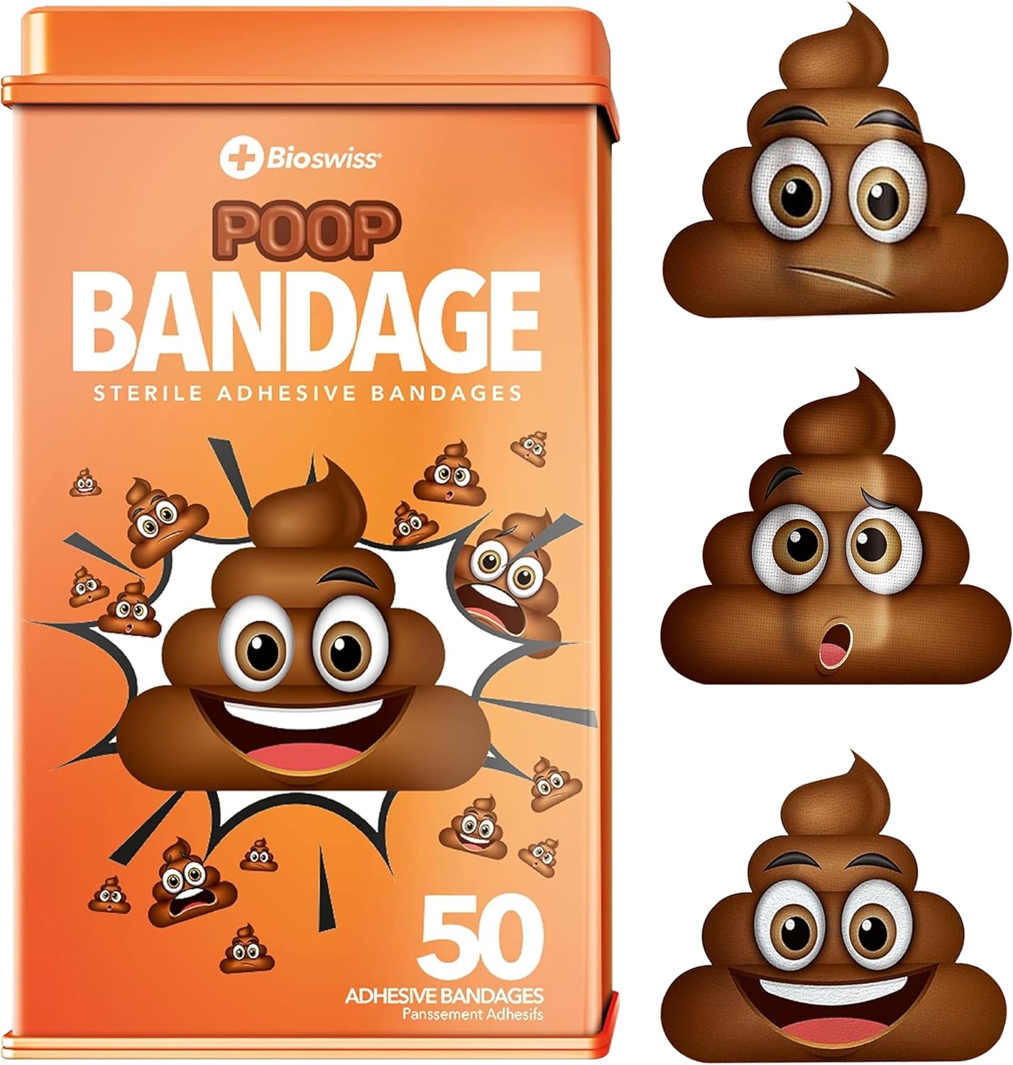 BioSwiss Bandages, Poop Shaped Self Adhesive Bandage Set, Latex Free, Sterile Wound Care, 50 Count