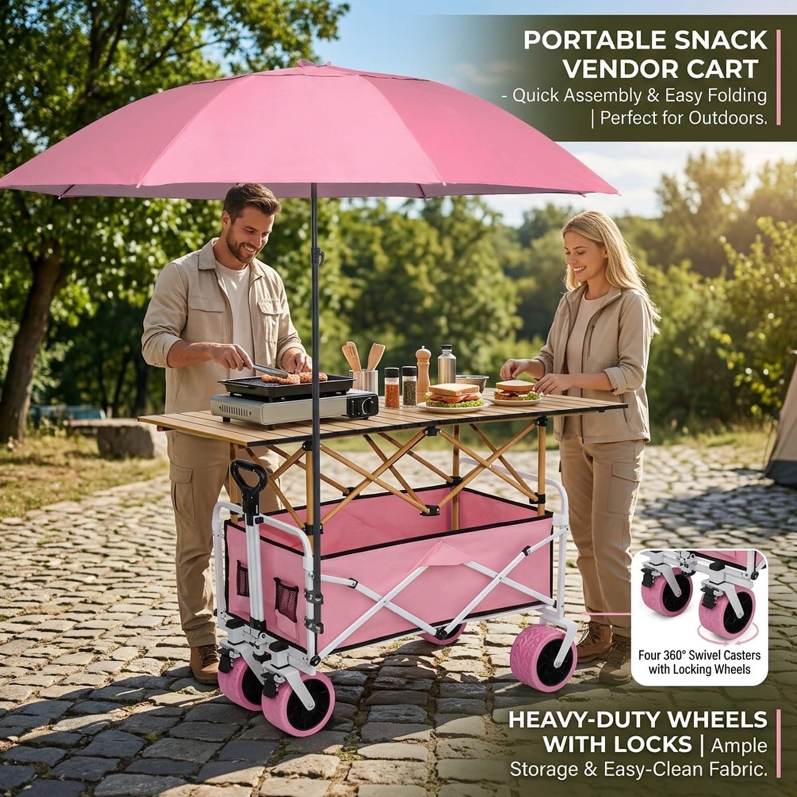 Carrello pieghevole per esterni con tettoia, espositore mobile per cibo da strada, ruote bloccabili, carro portatile per mercato, campeggio, spiaggia