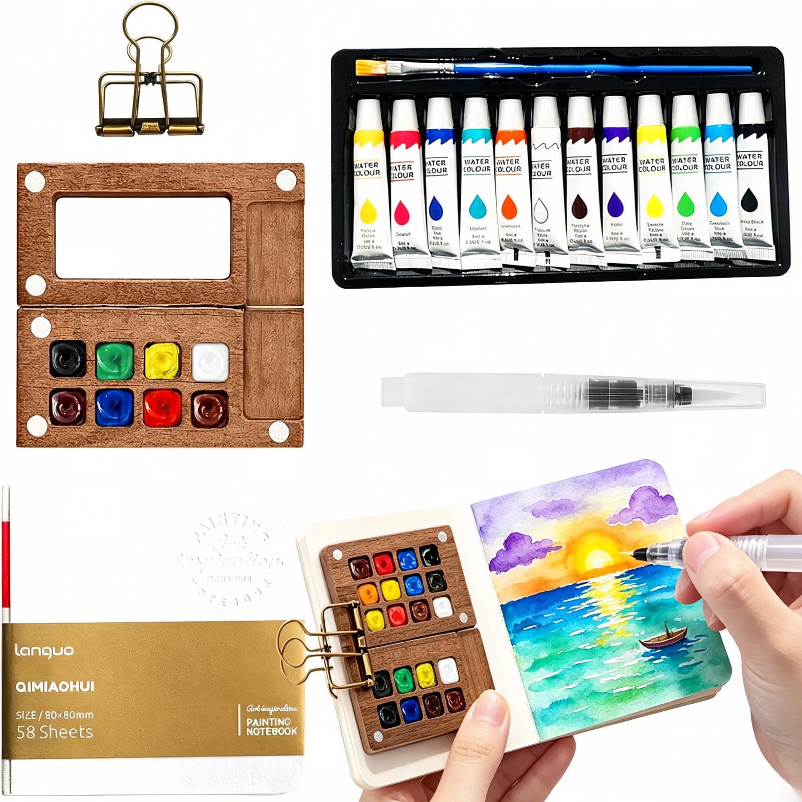 Mini Aquarell Travel Set Holzpalette 8 Näpfe Reise Malkasten | Tragbar, mit Skizzenbuch, Aquarellpapier, Pinsel und Clip, ideal für Reise und Pleinair-Malerei, für Künstler und Studenten