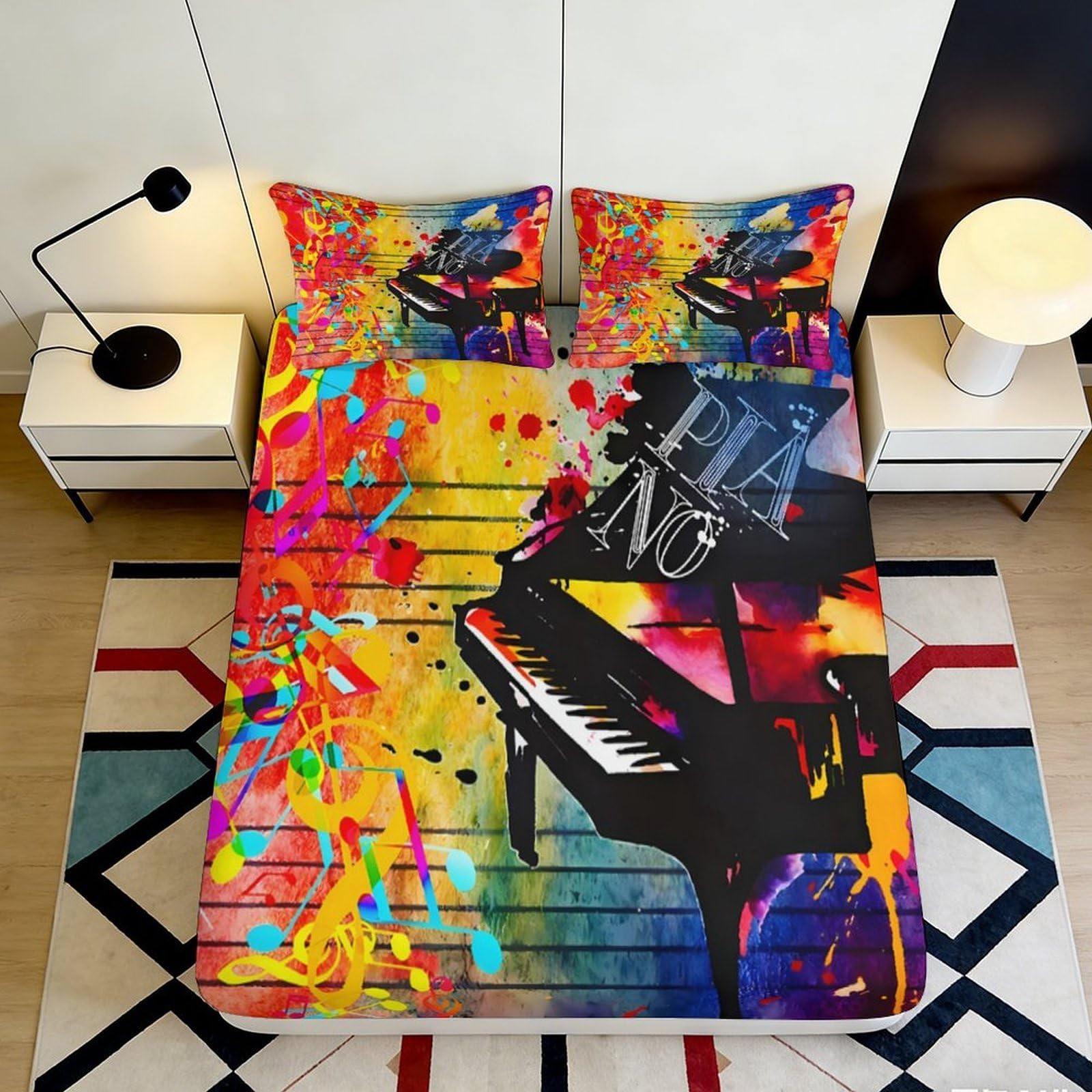 3D Printed Colorful Piano Fitted Sheet Microfiber Soft Breathable Music Notes Bed Cover for Bedroom Dormitory Guest Room Mattress Protection Decor 120x200x25cm