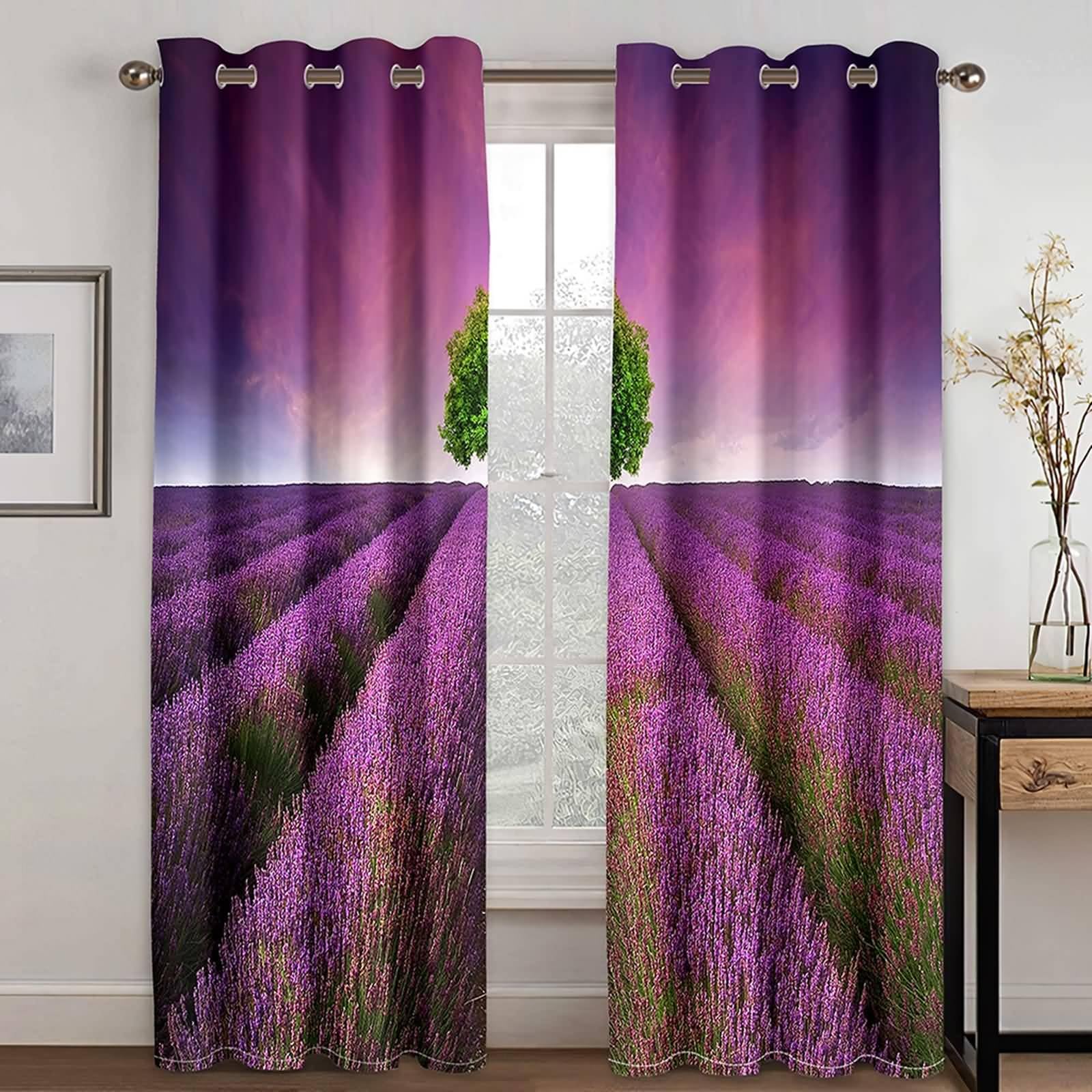 Verdunklungsvorhänge mit Ösen, 214x274cm Lila Grün Lavendel und Baum Vorhang für Schlafzimmer/Wohnzimmer