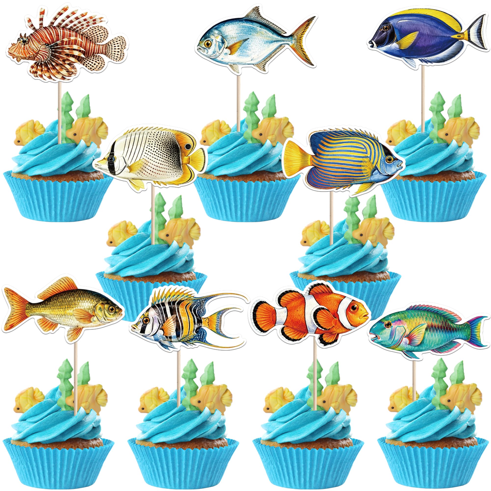SYKYCTCY 36 Pack Fishing Cake Decoration Fishing Cupcake Toppers Fishermen Birthday Cupcake Picks Decoration for Fish Theme Baby Shower Birthday Wedding Party Cake Decora Supplies