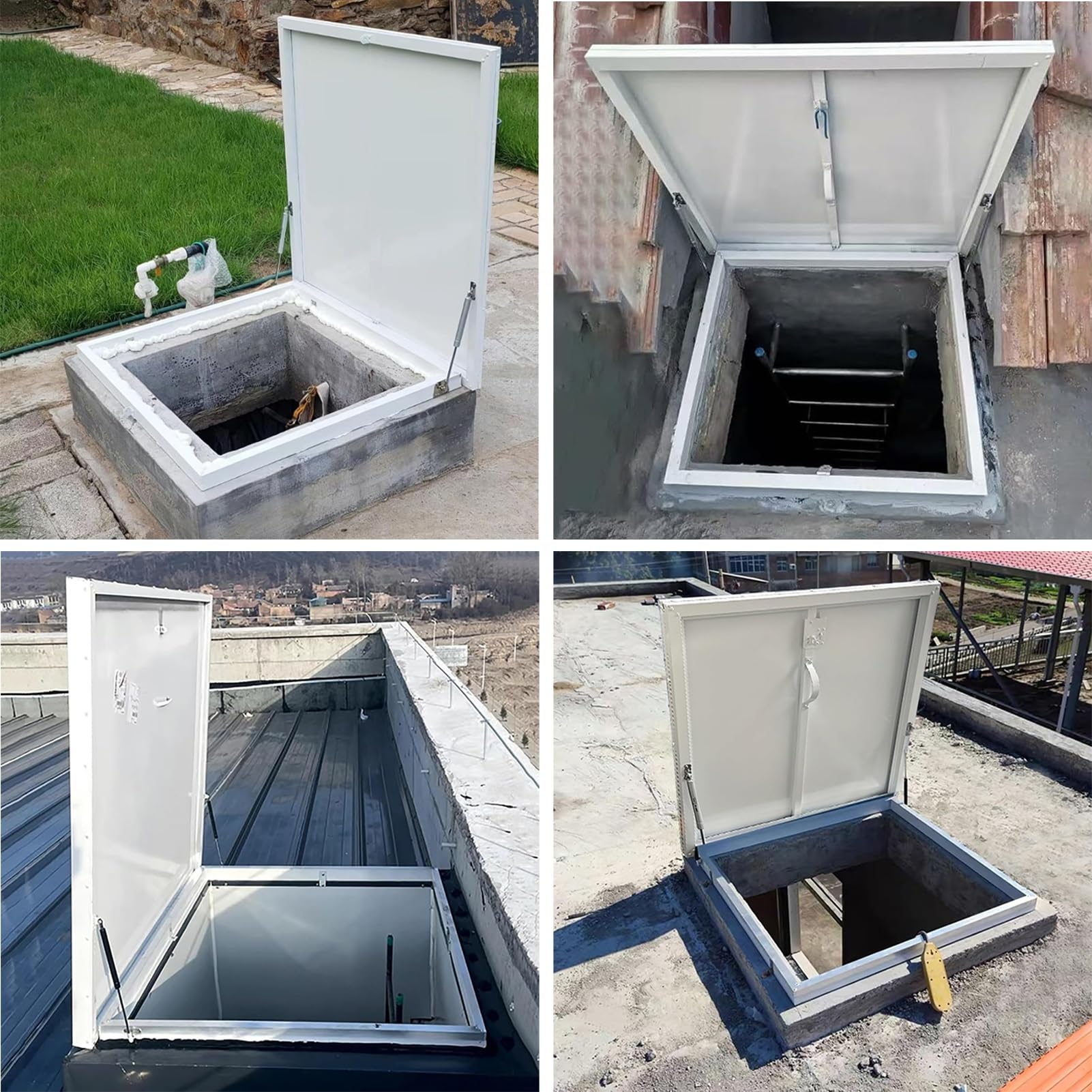 Aluminiowe drzwi zabezpieczające przed włazem dachowym do strychów i piwnic Hydrauliczne drążki kierownicze Metalowy uchwyt zamka 100 x 56 cm - rozwiązanie dostępu do dachu do garaży i loftów