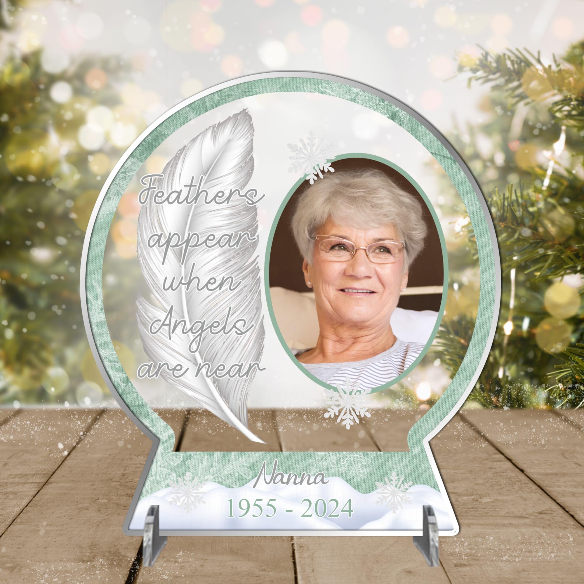 Pixie's Gifts Personalised 'Feathers Appear When Angels Are Near' Acrylic Freestanding Photo Plaque for Bereavement Remembrance of Loved Ones in Heaven (Green)