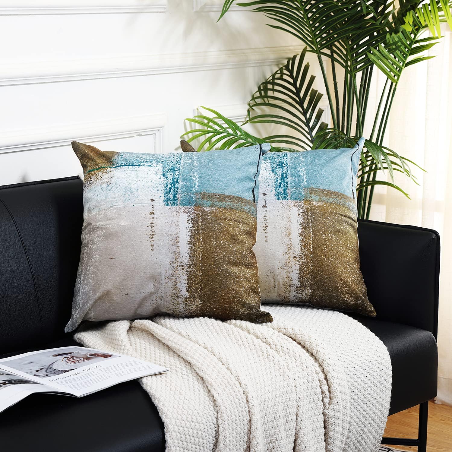 Set of 2 Decorative Pillow Case Throw Pillows Covers for Couch Indoor Bed 18 x 18 Inch, Blue Brown Abstract Art Painting Home Sofa Cushion Cover Pillowcase Gift Bed Car Living Home