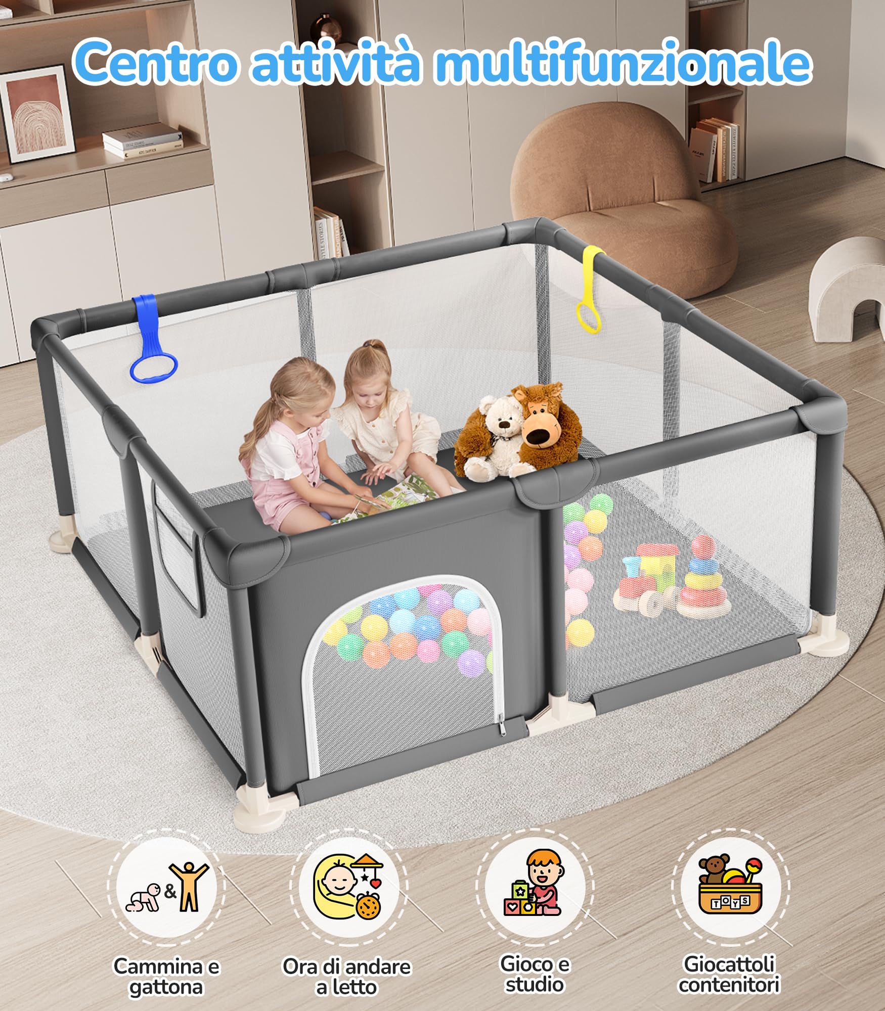 Dripex Box per Bambini Recinto Neonato - Small - Grigio Scuro | 124 x 124 cm Rete Traspirante Tessuto Oxford 210D, 2 Anelli di Gioco