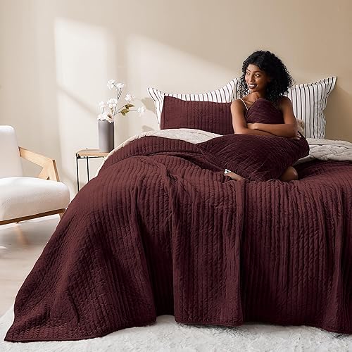 SHALALA Velvet Quilt King Size,Vertical Striped Bedding Set,Lightweight Velvet Comforter,Luxurious Cozy Bedspread and Coverlet with Soft Brushed Microfiber(Wine,Full/Queen)