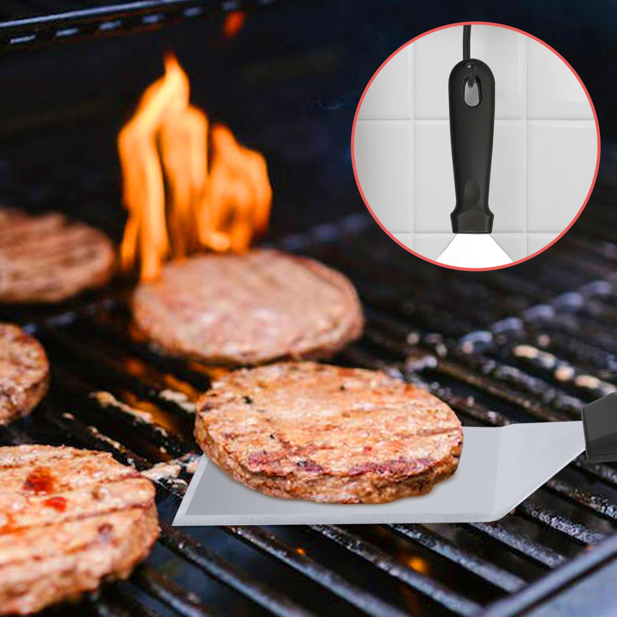 Burger Set, inkl. 2 Edelstahl Burgerglocken, Burgerpresse, Smasher, Pattywender, Komplettes Burger Grill Set für BBQ Plancha, Grillplatte, Gasgrill & Feuerplatte