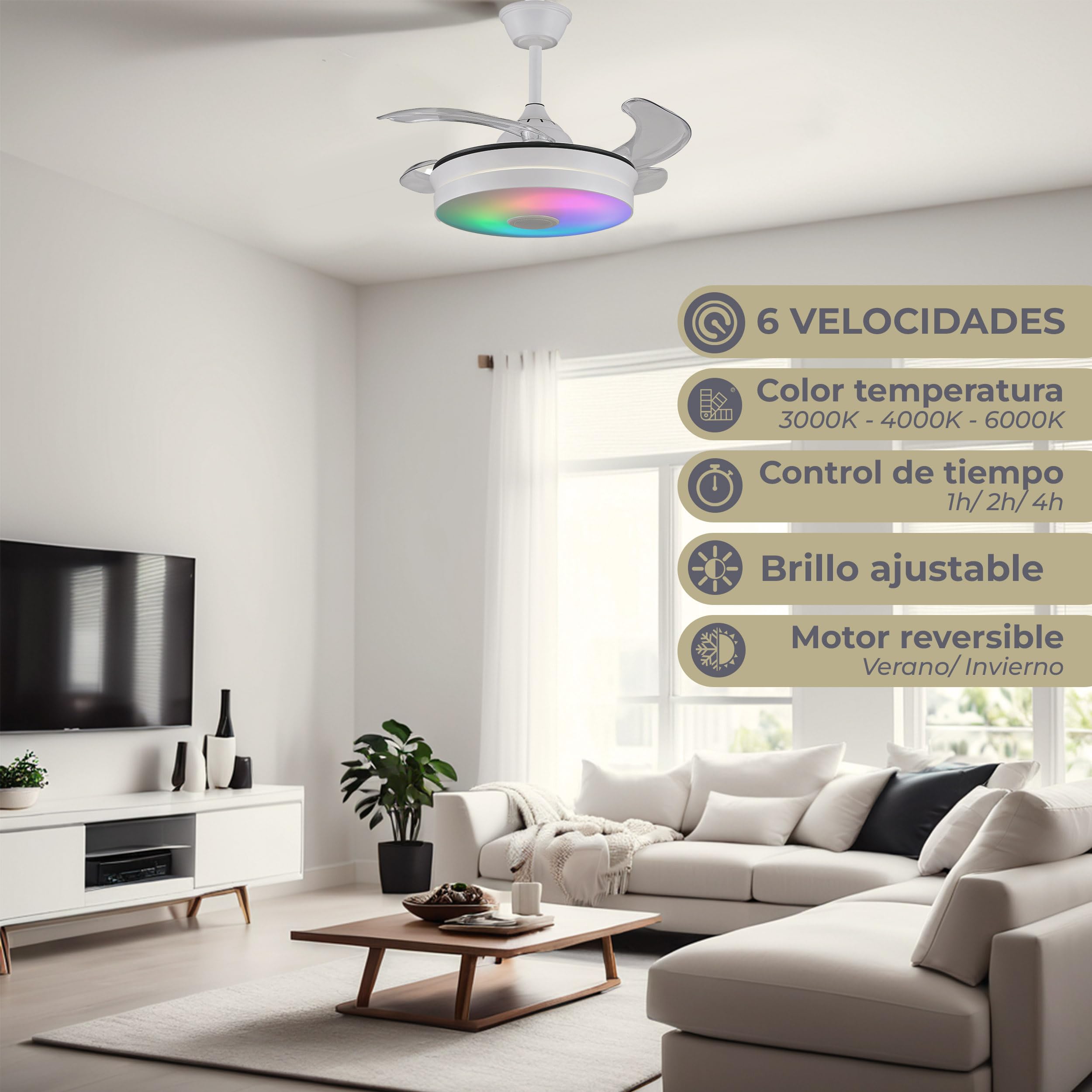 LUMIKING Ventilador de Techo con Luz LED - Aspas Retráctiles, Música y RGB - Silencioso con Lámpara y Moderno con Mando a Distancia, Bluetooth y APP para Salón y Dormitorio (92 cm)