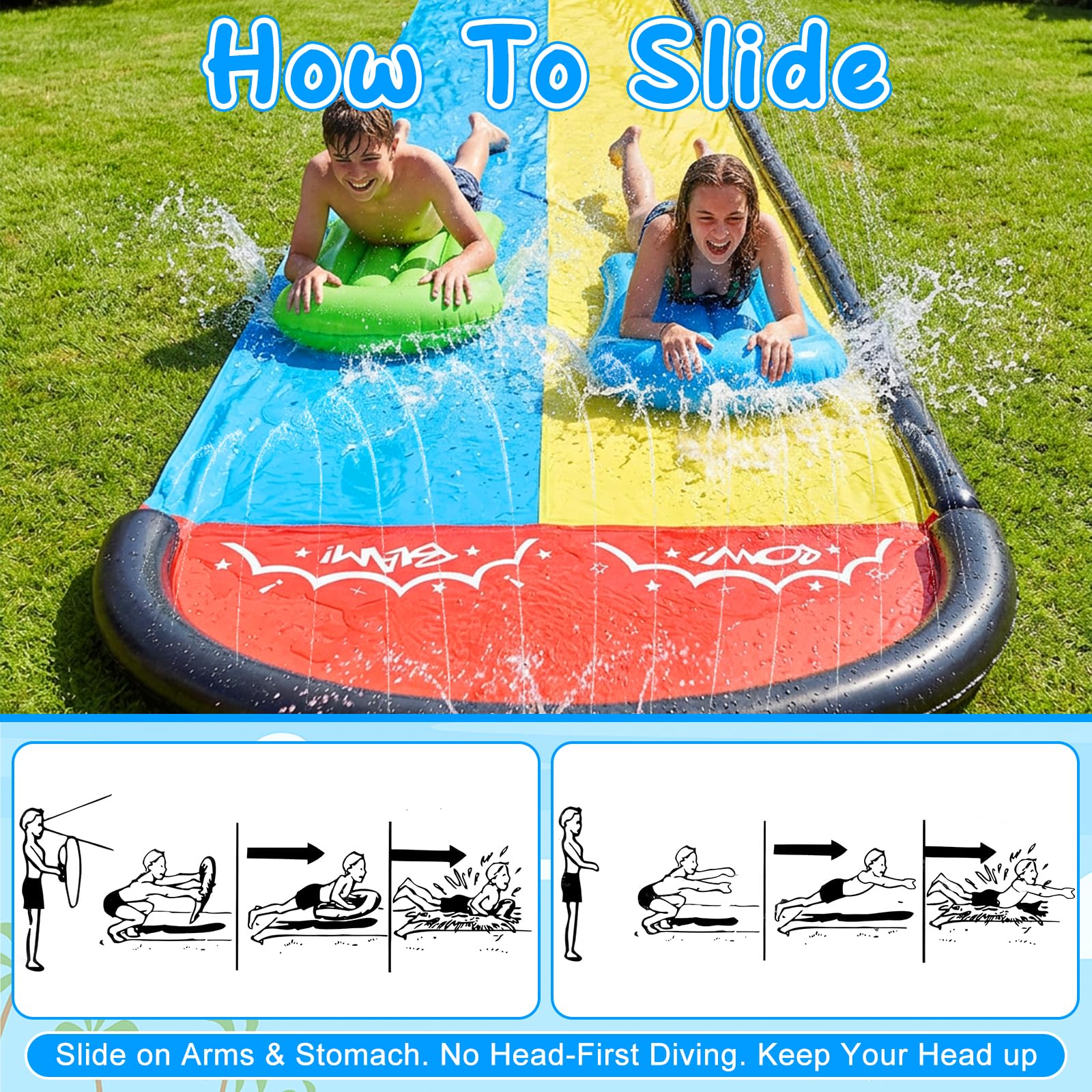 Mineup Wasserrutsche Garten 480 x 140cm Doppelrutsche mit Sprinkler Bodyboards