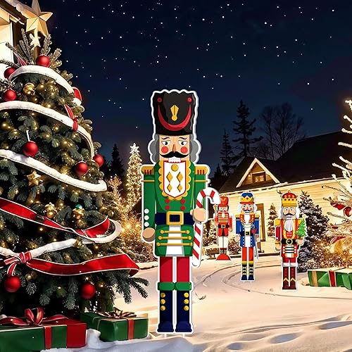 Miniatura 6 de Geetery 4 carteles grandes de cascanueces de Navidad para patio con 16 estacas para decoración de patio al aire libre, vacaciones, Navidad,