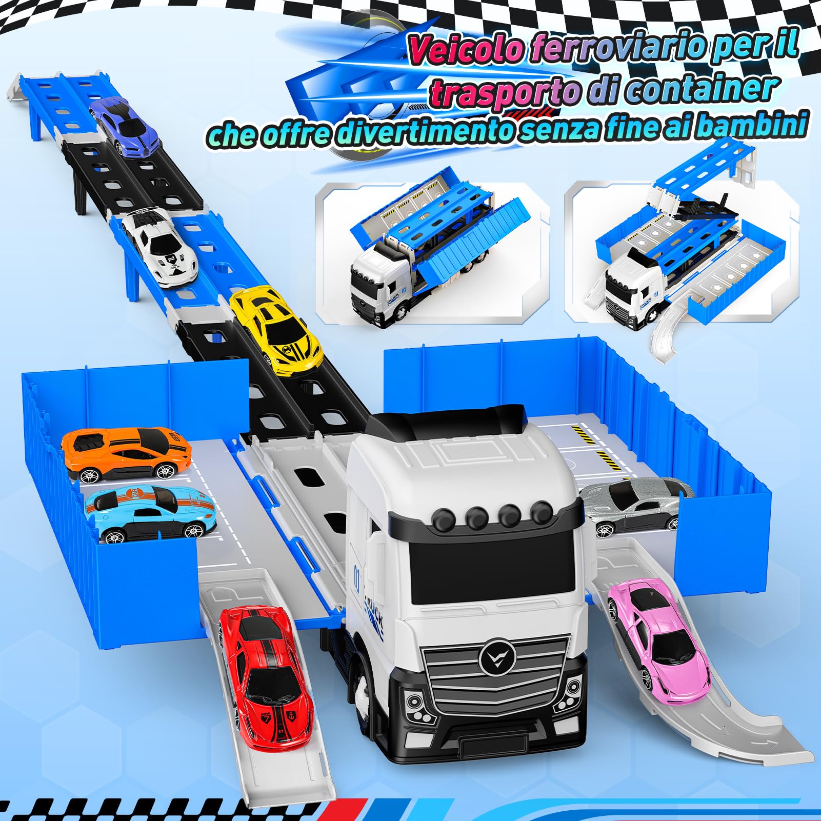 iKidiki Macchinine per Bambini, Giochi Bambini 2 3 4 5 6 Anni Camion Giocattolo per Bambino Regalo Bambino 2 3 4 5 6 Anni, Traccia Car con 8 Auto da Corsa in Lega