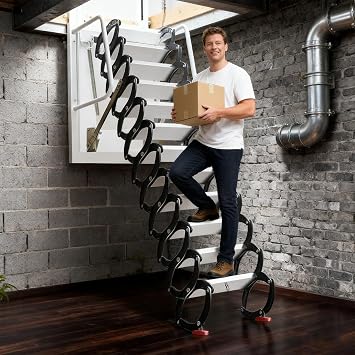 12 Step Foldable Attic Stairs Pull Down, 12FT Retractable Loft Ladder with Safety Handrails, 1102LBS Capacity Easy Pull Cord System, for Attic Access, Garage, Basement StorageBlack and White
