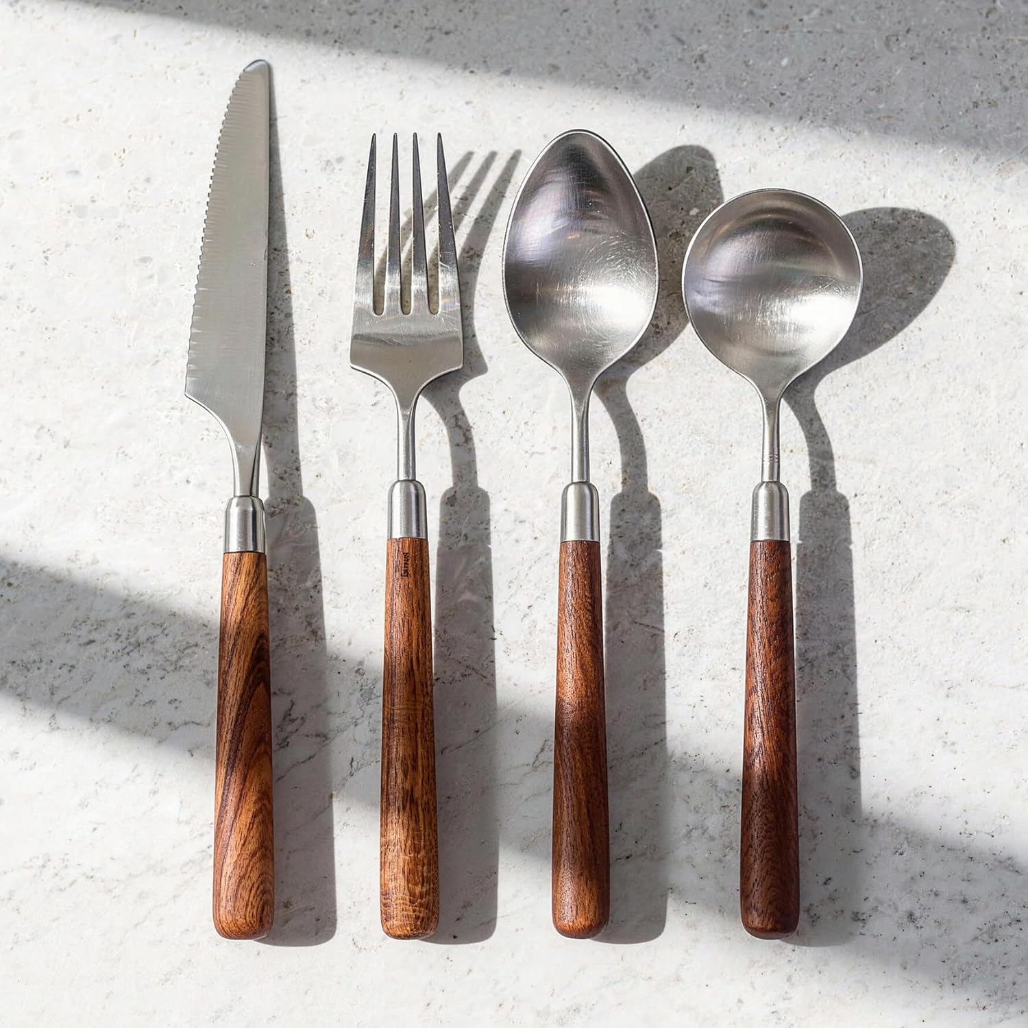 Wood Silverware Set for 4 Wooden 18/10 Stainless Steel 16 Piece Flatware Walnut Handle Elegant Cutlery Utensils Set for Home Kitchen Nice Weight