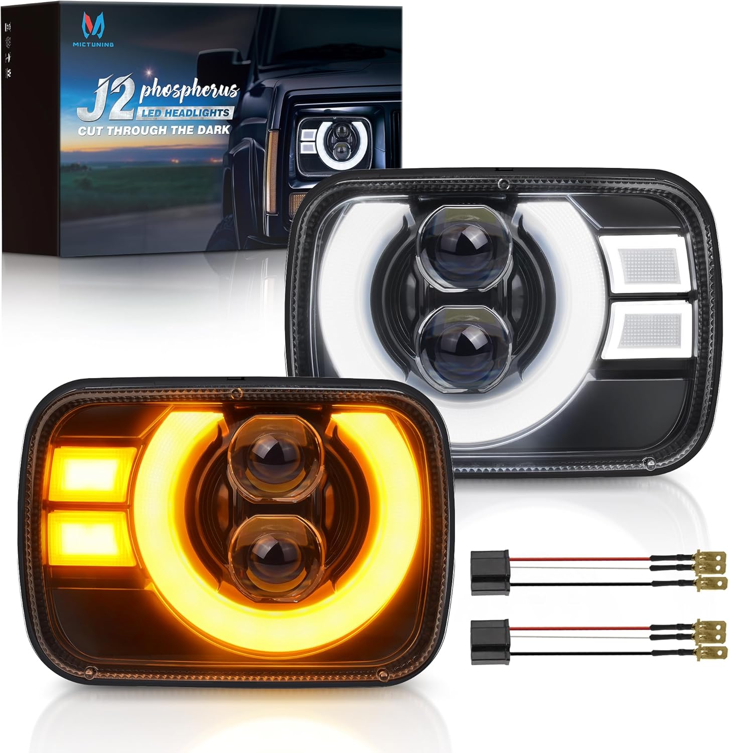 MICTUNING 2026 New J2-Ecplise 5x7 7x6 inch H6054 Lights, Rectangle Anti-glare Front Driving Lights, DRL Turn Signals, High/Low Beam, Compatible with Wrangler YJ Cherokee XJ Chevy Express GMC Ford