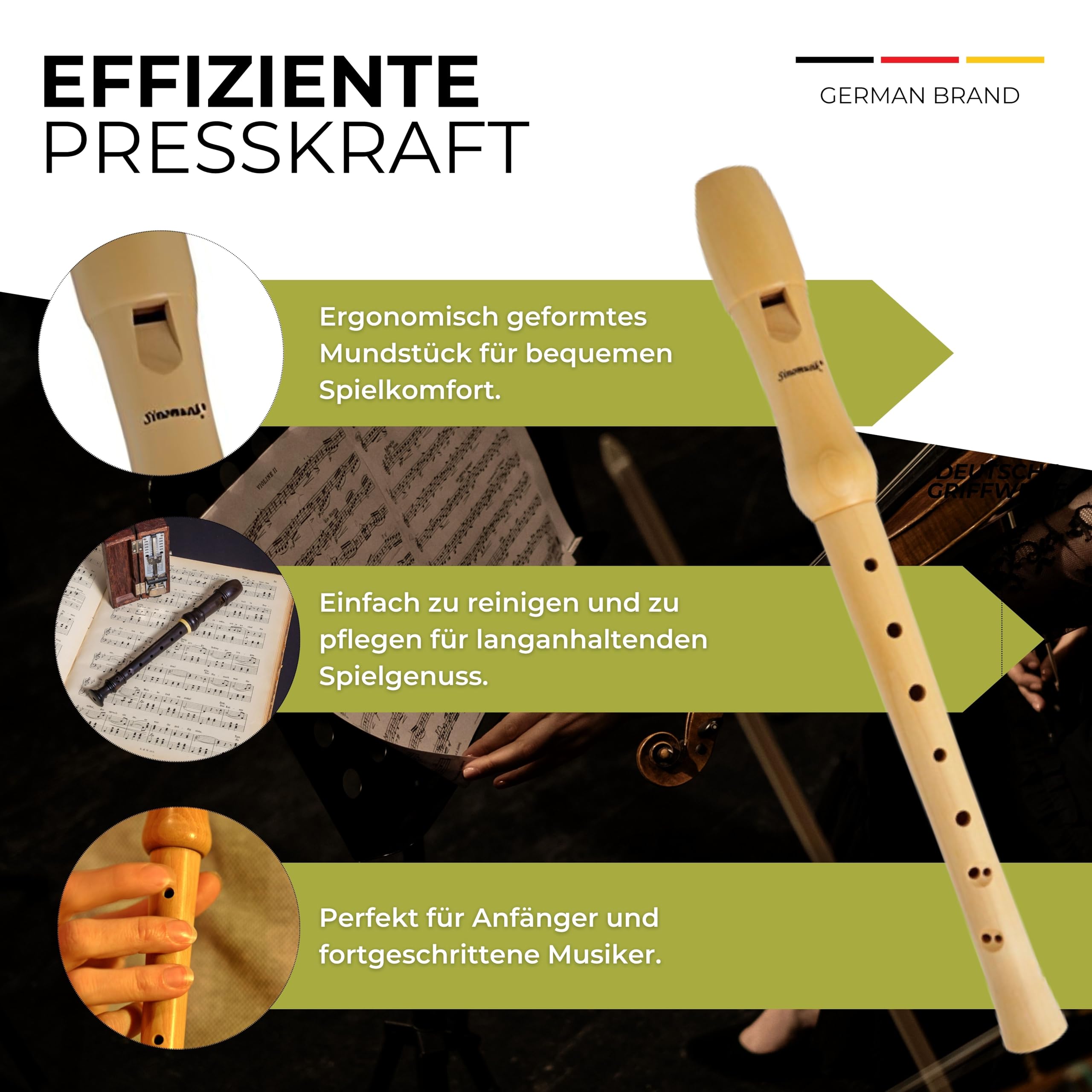 HeroMusics Blockflöte für Kinder aus Holz - Flöte mit Barocker Griffweise - 8-Loch Flöte für Erwachsene - Sopranblockflöte aus Premium Ahornholz - Blockflötenset mit Reinigungsset & Etui