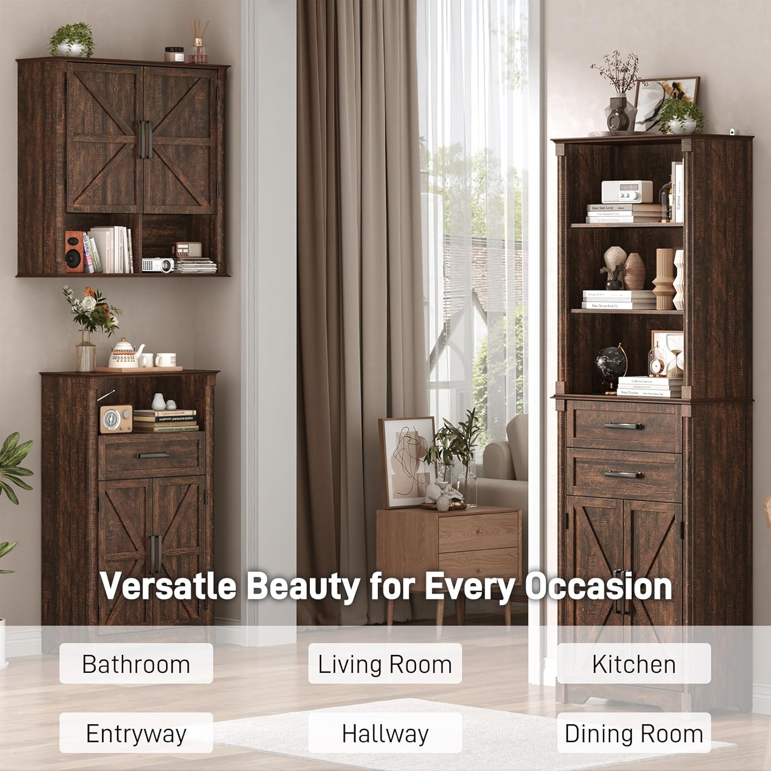 Farmhouse Bathroom Storage Cabinet,Double Wooden Bathroom Wall Cabinet with Roman Column Decor, Farmhouse Medicine Cabinets w Barn Doors,Storage Cabinets Wall Mounted for Kitchen(Wood Brown)