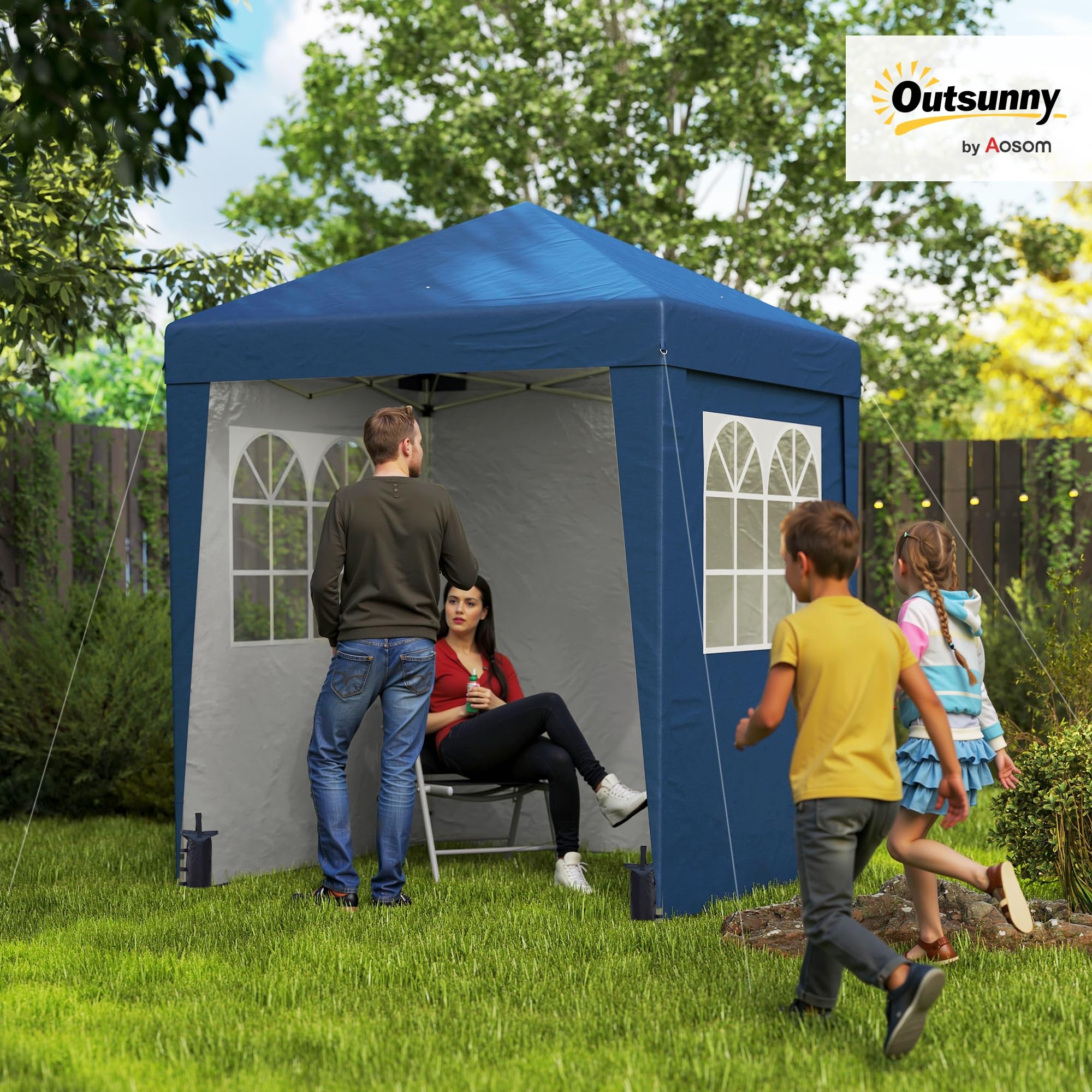 Outsunny Tonnelle de jardin pliante pop-up 2 x 2 m tente de réception hauteur réglable 3 niveaux Anti-UV 30+ 3 parois latérales avec 4 sacs de sable et 1 sac de transport tissu Oxford acier bleu foncé