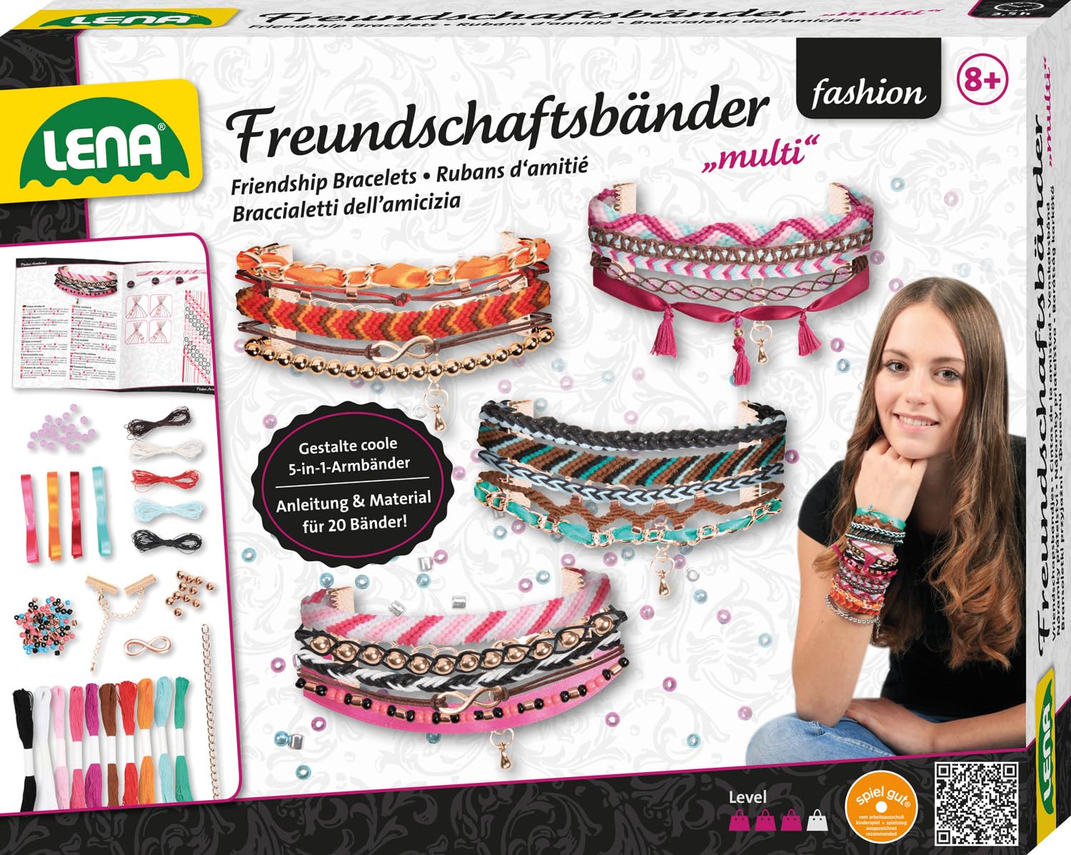 Lena 42117 Bastelset Multi Freundschaftsbänder groß, Komplettset mit 240 Perlen, Satinbänder, Garne, Kordeln, Ketten und Verschlüsse, Knüpfset für Kinder ab 8 Jahre, Flechtset für 4 Armbänder 5in1