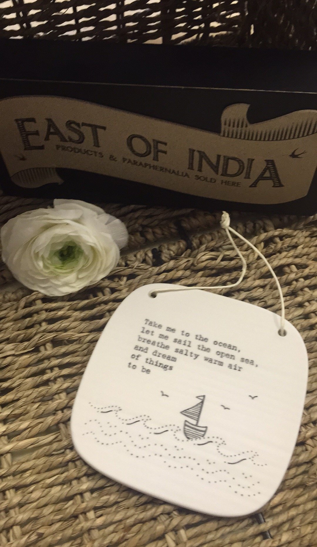 'Take me to the ocean, let me sail the open sea, breathe salty warm air and dream of things to be' Square Porcelain Hanging Picture Plaque by East of India 9.5cm x 9.5xm