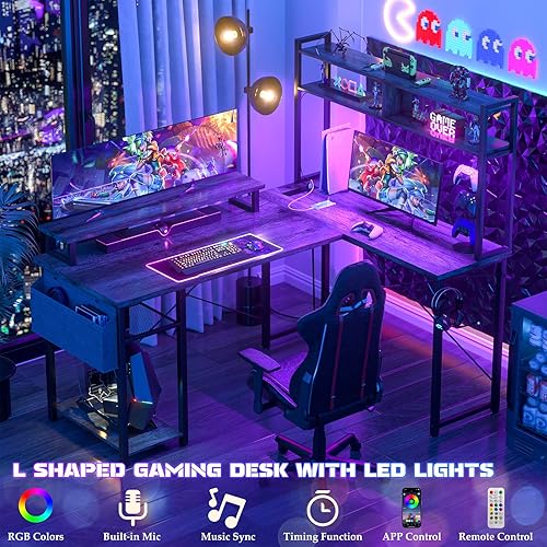 Miniatura 3 de Aheaplus Escritorio pequeño en forma de L para juegos con luces LED y tomas de corriente, escritorio reversible en forma de L con soporte para
