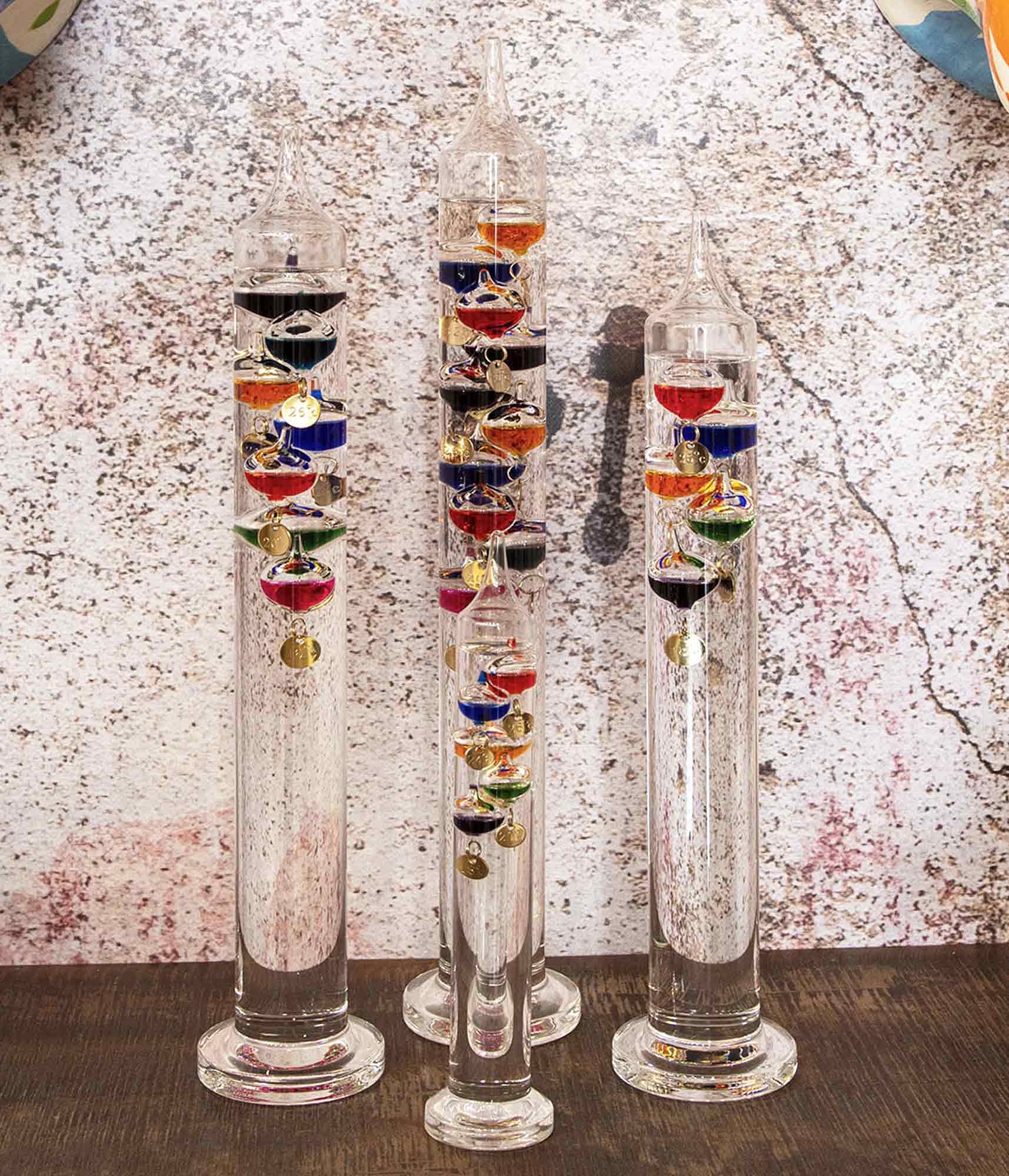 Grand Thermomètre de Galilée en Verre, Forme Cylindre, H 43 cm