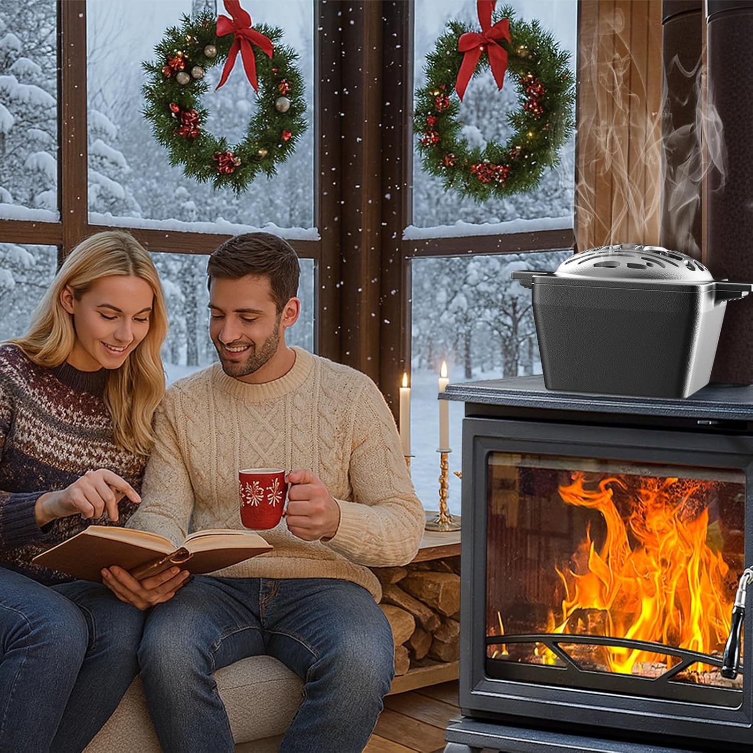 Enameled Wood Stove Steamer, Elk Cast Iron Fireplace Humidifier, 2.6 Quart Capacity, Wood Stove & Fireplace Accessories for Decoration, Holiday