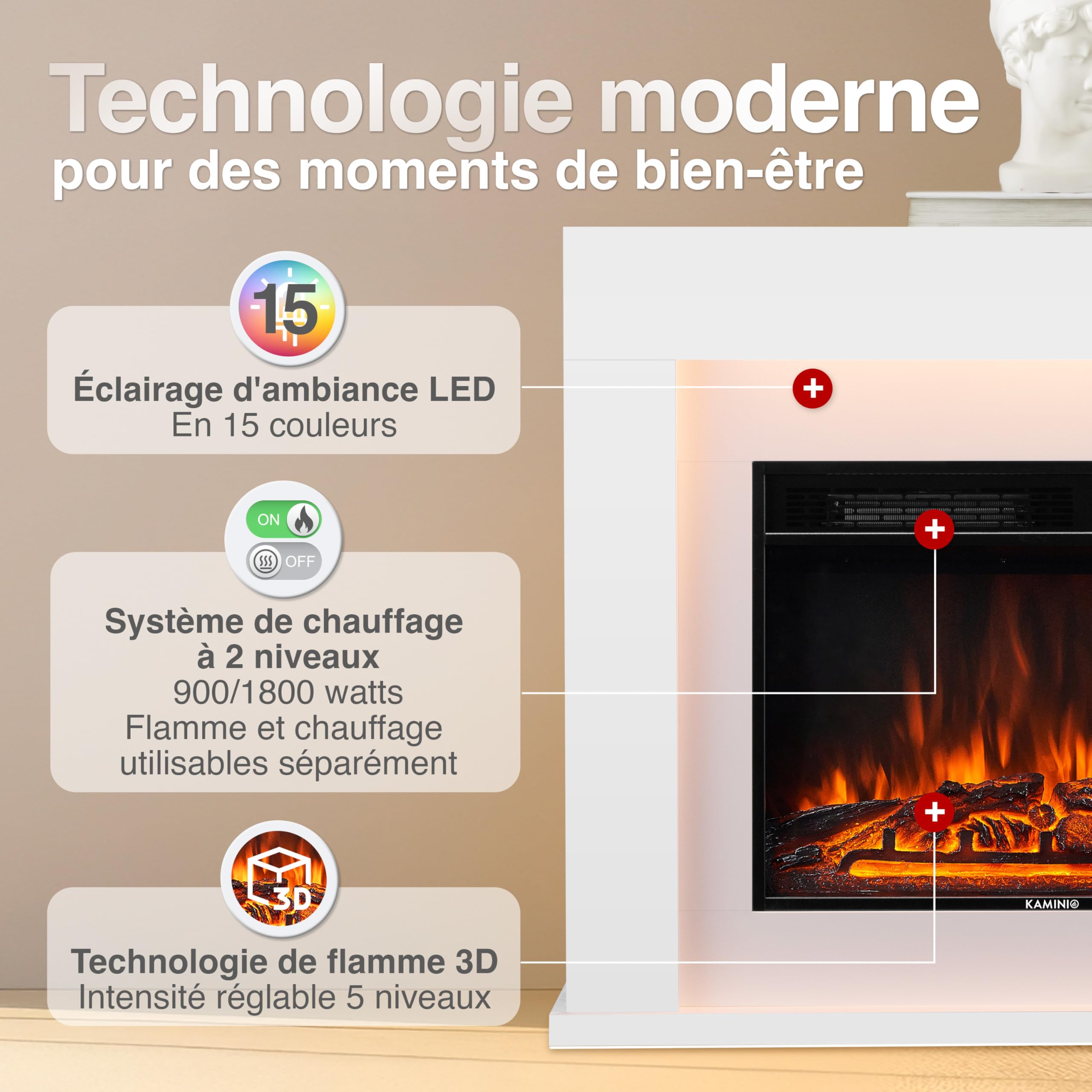 KAMINIO Cheminée Electrique Matti - Cheminée Électrique sur Pied avec Chauffage, Effet de Flamme 3D, lumière d'ambiance LED, télécommande - 38 Pouces (Blanc)
