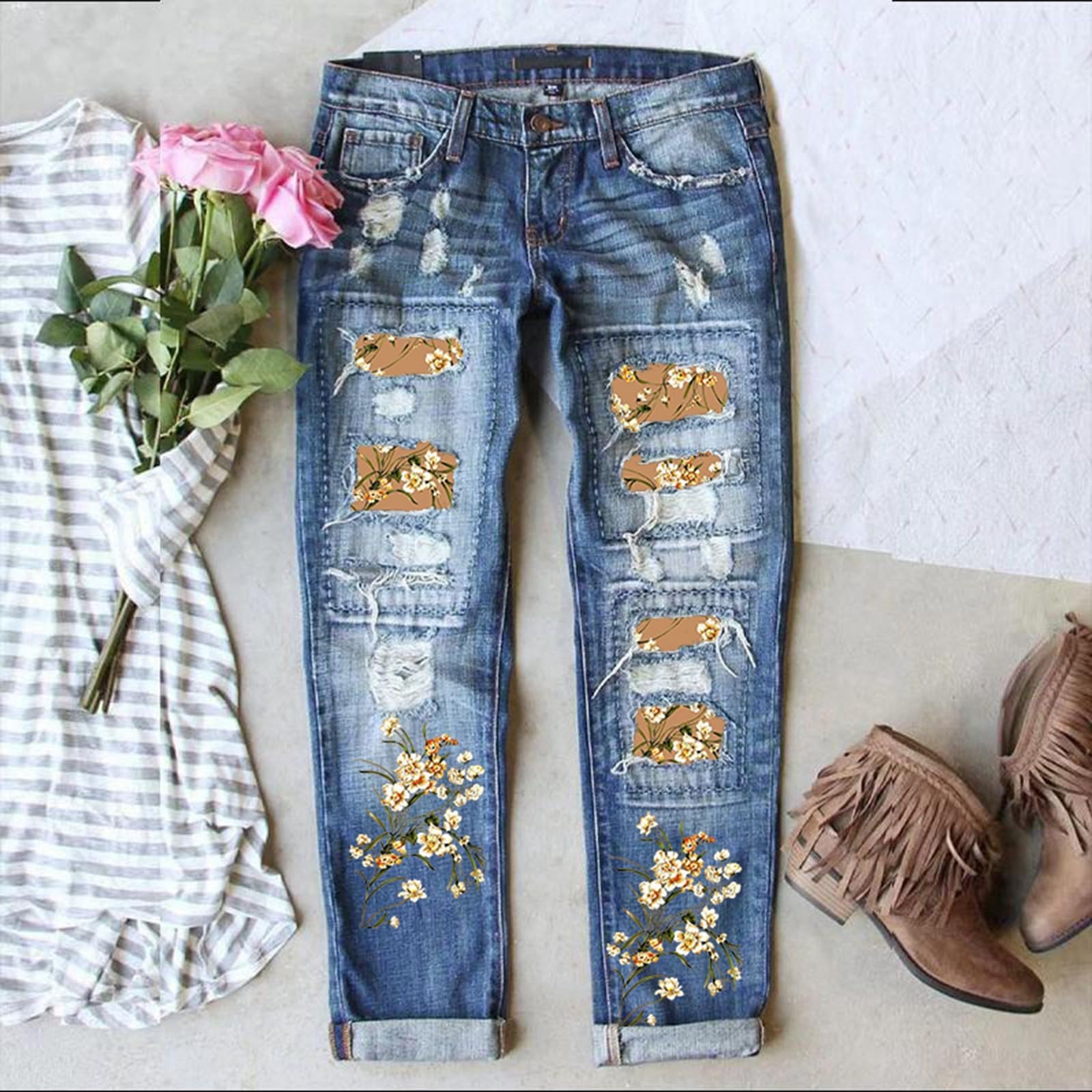 Jeans Mujer Mom Fit Elásticos Bolsillos Pantalones Vestir Bootcut Bolsillo Deportes Campana Vaqueros Elefante de con Estampado Floral Moderno y Detalles Roturas en Rodilla Ajustados Elegantes Comodos