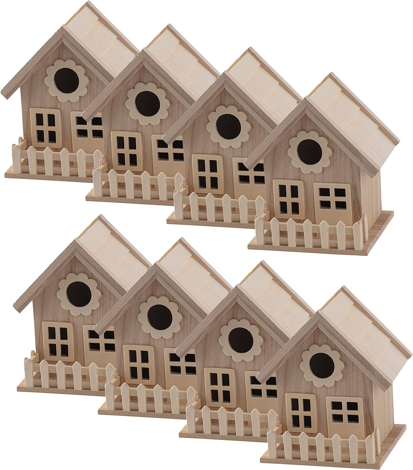 Make Market 7" Wooden Birdhouse with Fence - Unfinished Birdhouse Made of 100% Wood, Outdoor Nesting Boxes - Bulk 8 Pack