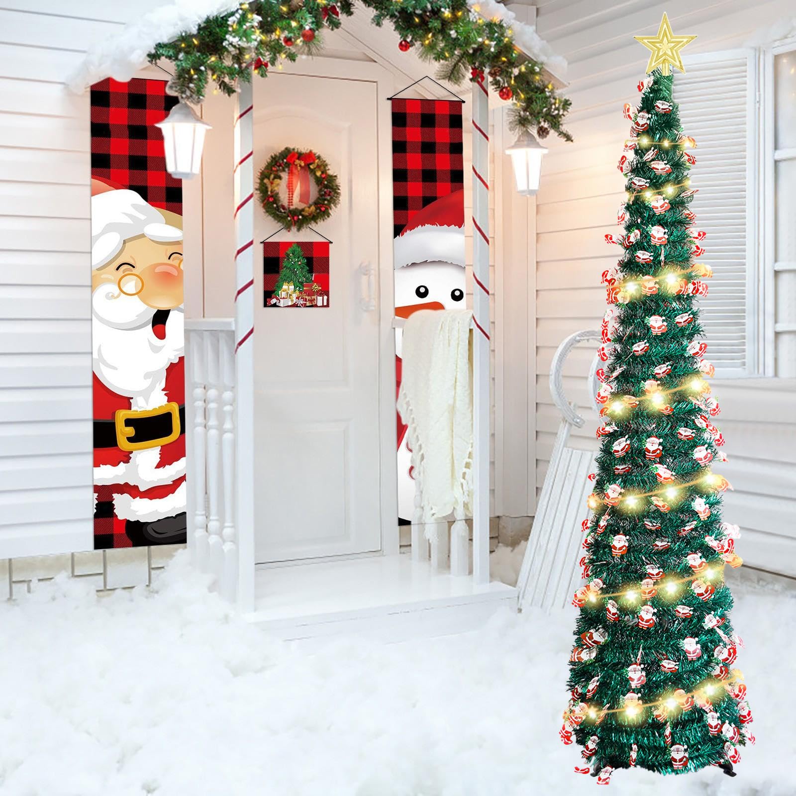 Árbol de Navidad con Luces, 152 cm Arbol de Navidad Plegable Arvore de Natal con Luz Arbols de Navidads Artificial con Soporte, Estrella Superior y 5 m de Luces de Hadas, Decoración Navideña (01)