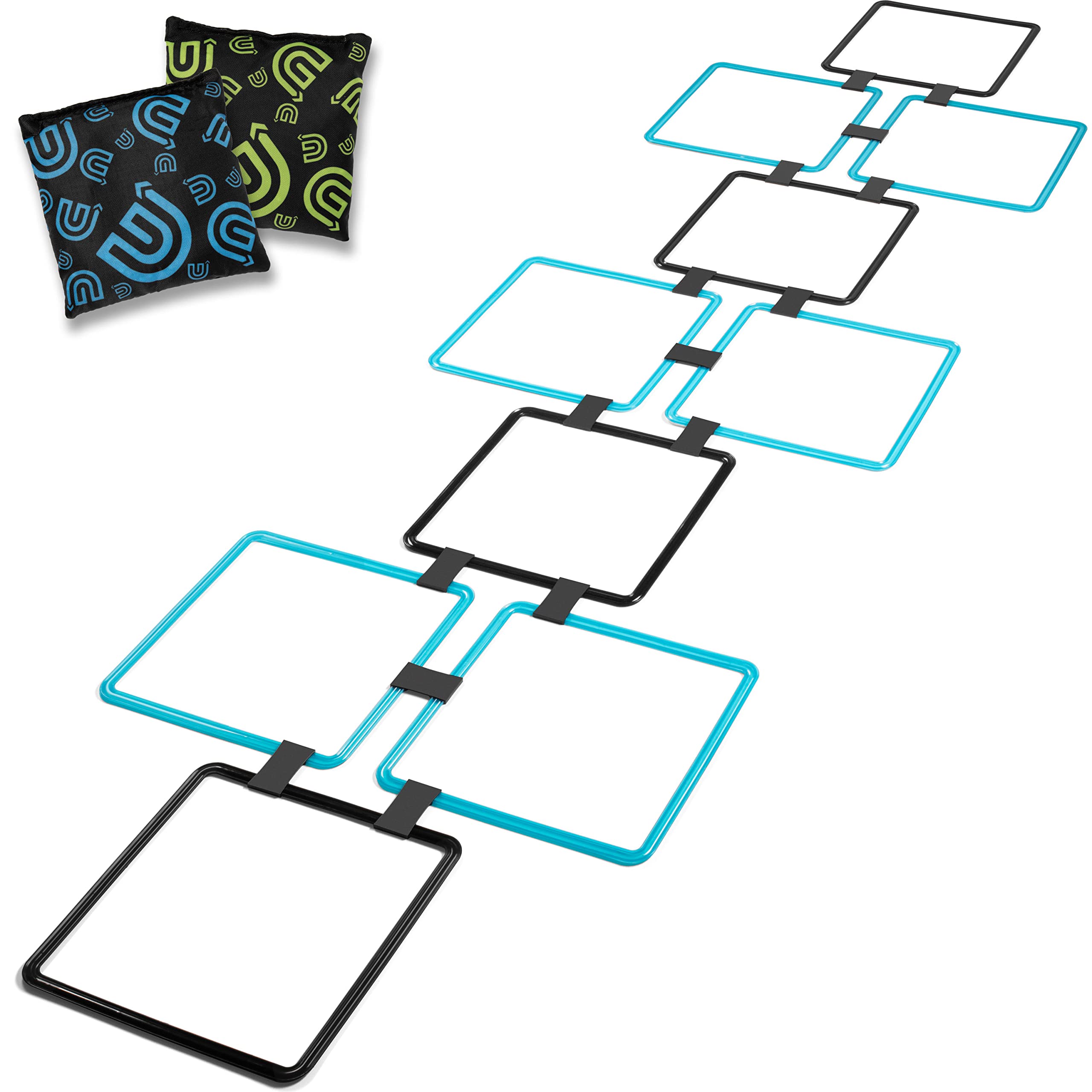 GETMOVIN SPORTS Hopscotch Squares Set with 2 Premium Beanbags Giant Sized 15 Inch Squares with 15 Connectors for Indoor/Outdoor Portable Fun Conditioning Agility Training