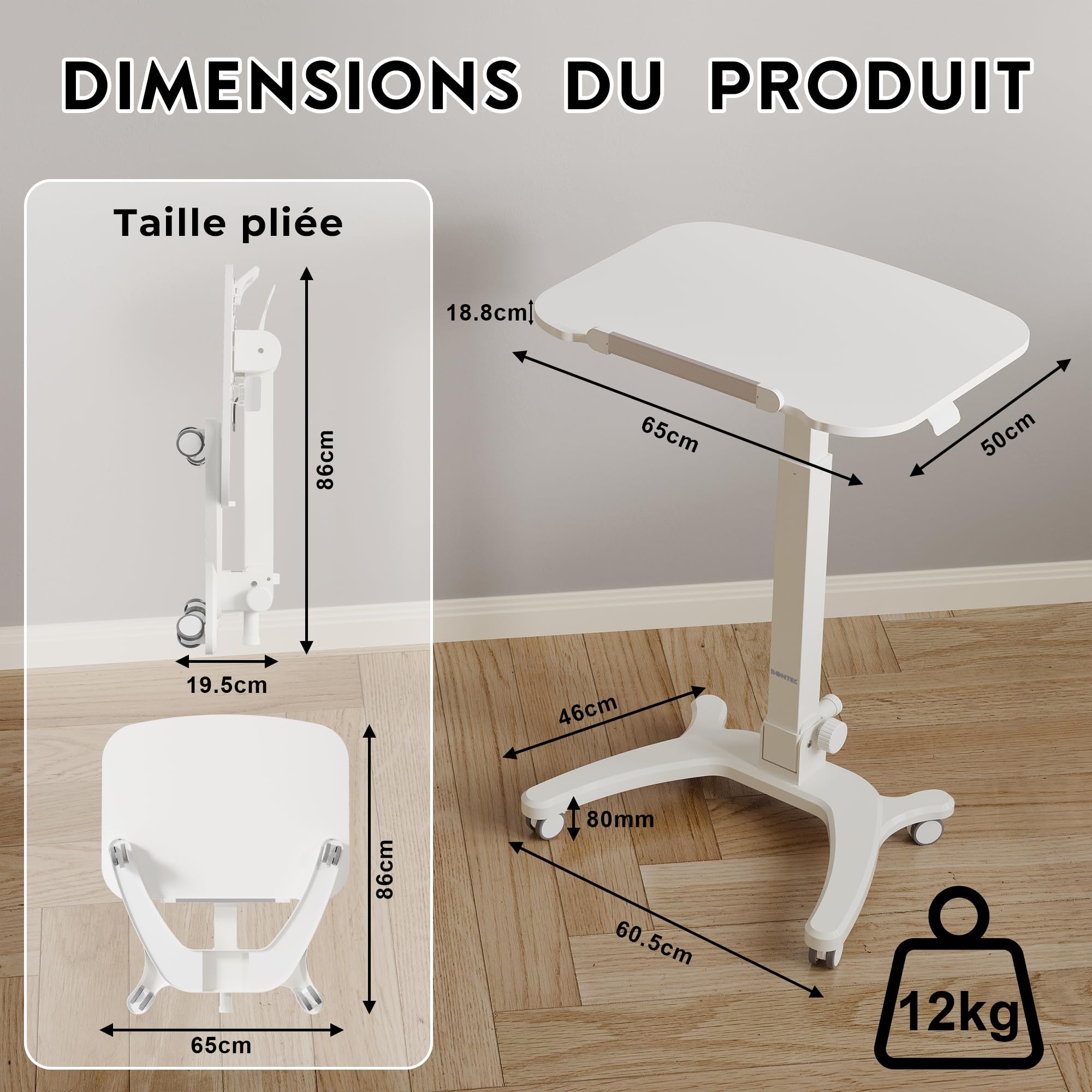 BONTEC Bureau d'Ordinateur Pliable, 65×50 cm, Réglable en Hauteur de 75,5 à 111 cm, avec 4 roulettes Verrouillables, Table d'O appoint Pliante pour Lit, Canapé, Salon, Chambre, Table PC Portable