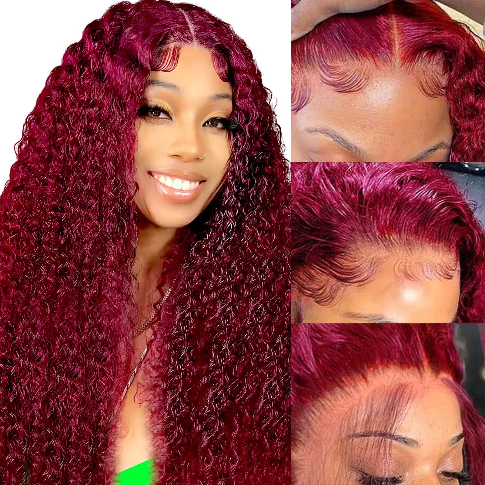 hoilym 26 Inch 13x4 99j Burgundy Lace Front Wigs Human Hair Deep Wave 180 Density HD Transparent Frontal Wigs Wet Wavy Glueless Pre Plucked Red Curly