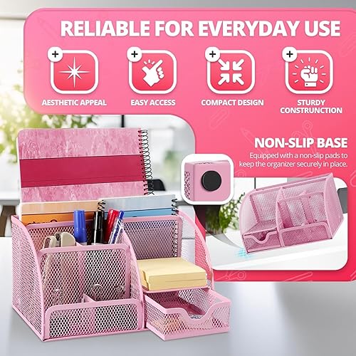Miniatura 2 de Flexzion Organizador de escritorio de malla de metal rosa, organizador de suministros de escritorio de oficina, juego de accesorios de escritorio