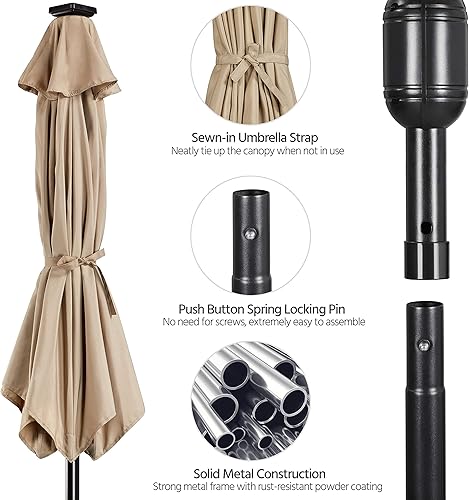 Miniatura 4 de Yaheetech Sombrilla de patio con energía solar de 9 pies, sombrilla de mesa de mercado con protección UV con 32 luces LED y sistema de elevación de