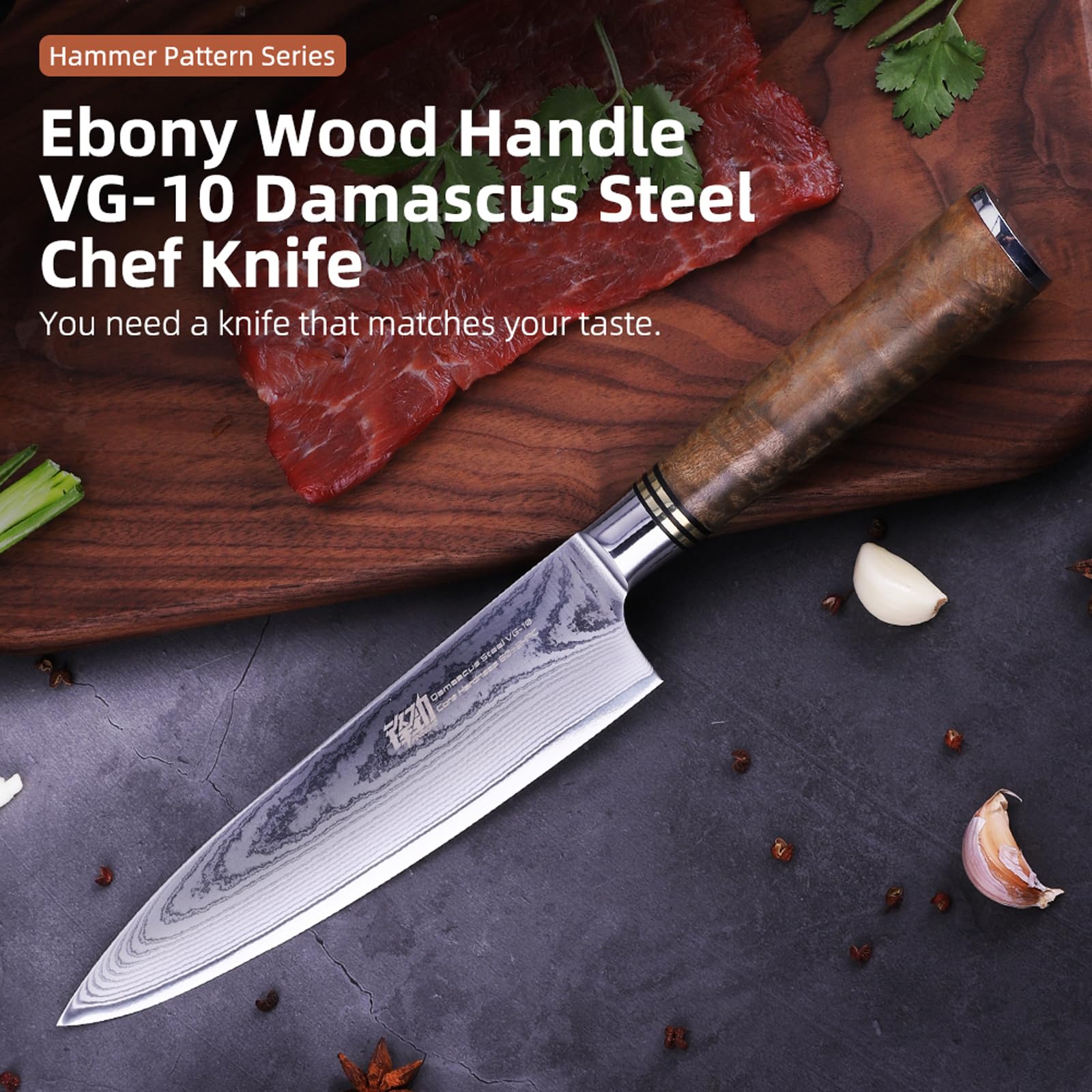 FINDKING Coltello Chef Damasco 20 cm, VG10, Legno Burl