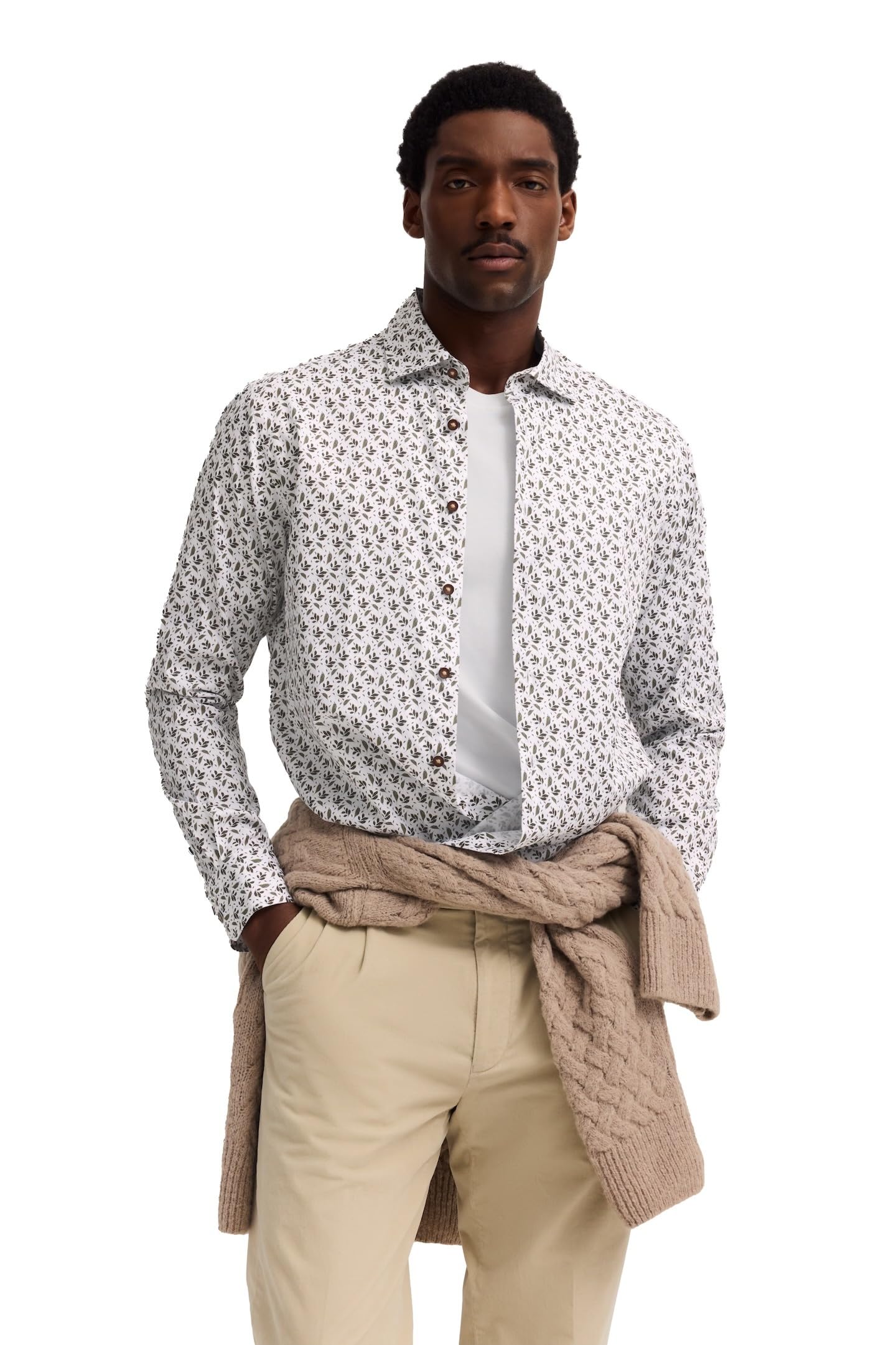 bugatti Herren Freizeithemd Langarm 9150-88513D Modern Fit, Blatt-Muster, Easy-Care, Kent-Kragen, Baumwolle