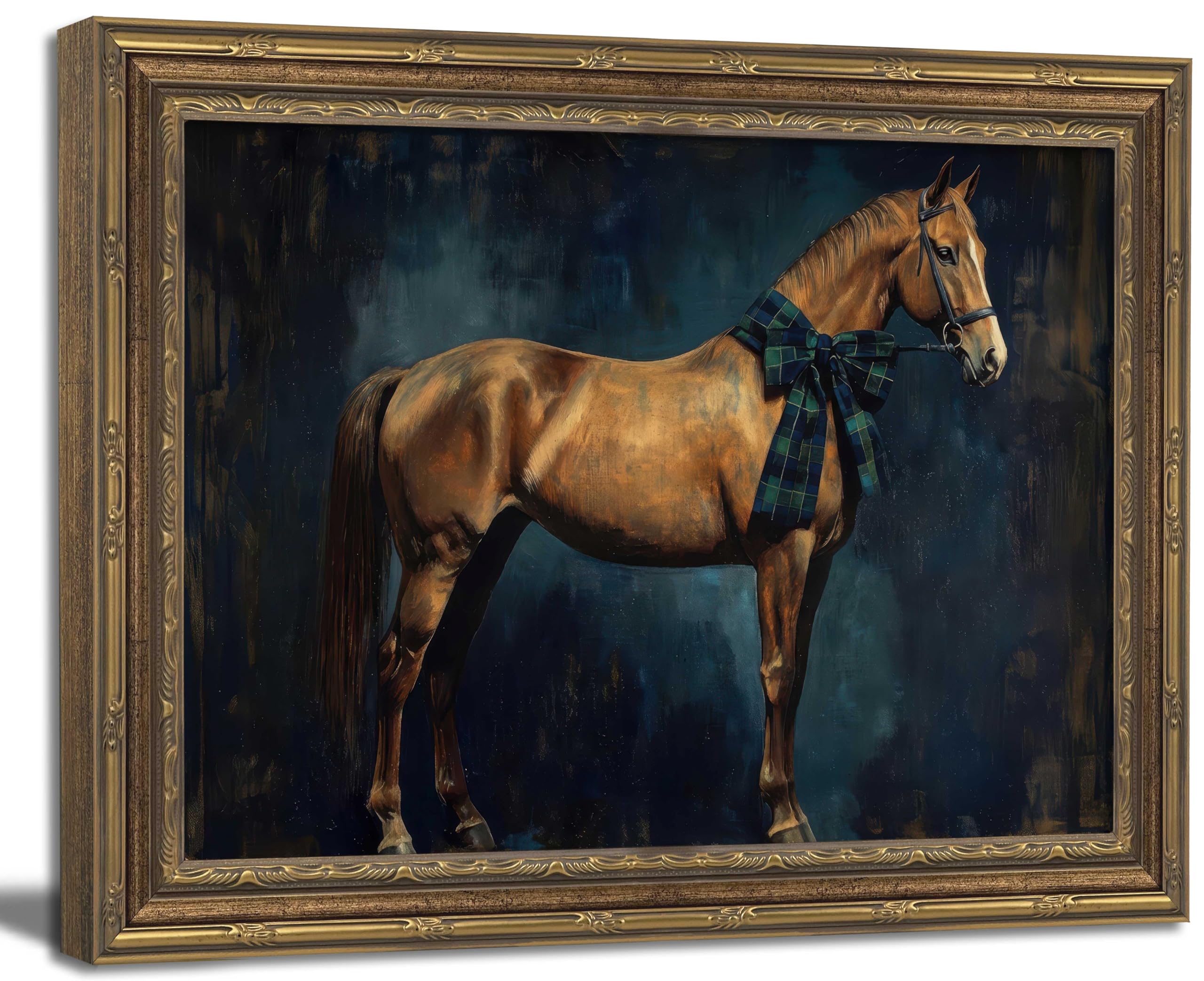 Photo 1 of Vintage Gold Framed Wall Art Vintage Horse with Tartan Bow Wall Art Farmhouse Rustic Animals Wall Decor Picture Country Antique Poster Print for Bedroom Bathroom Living Room 12x16in