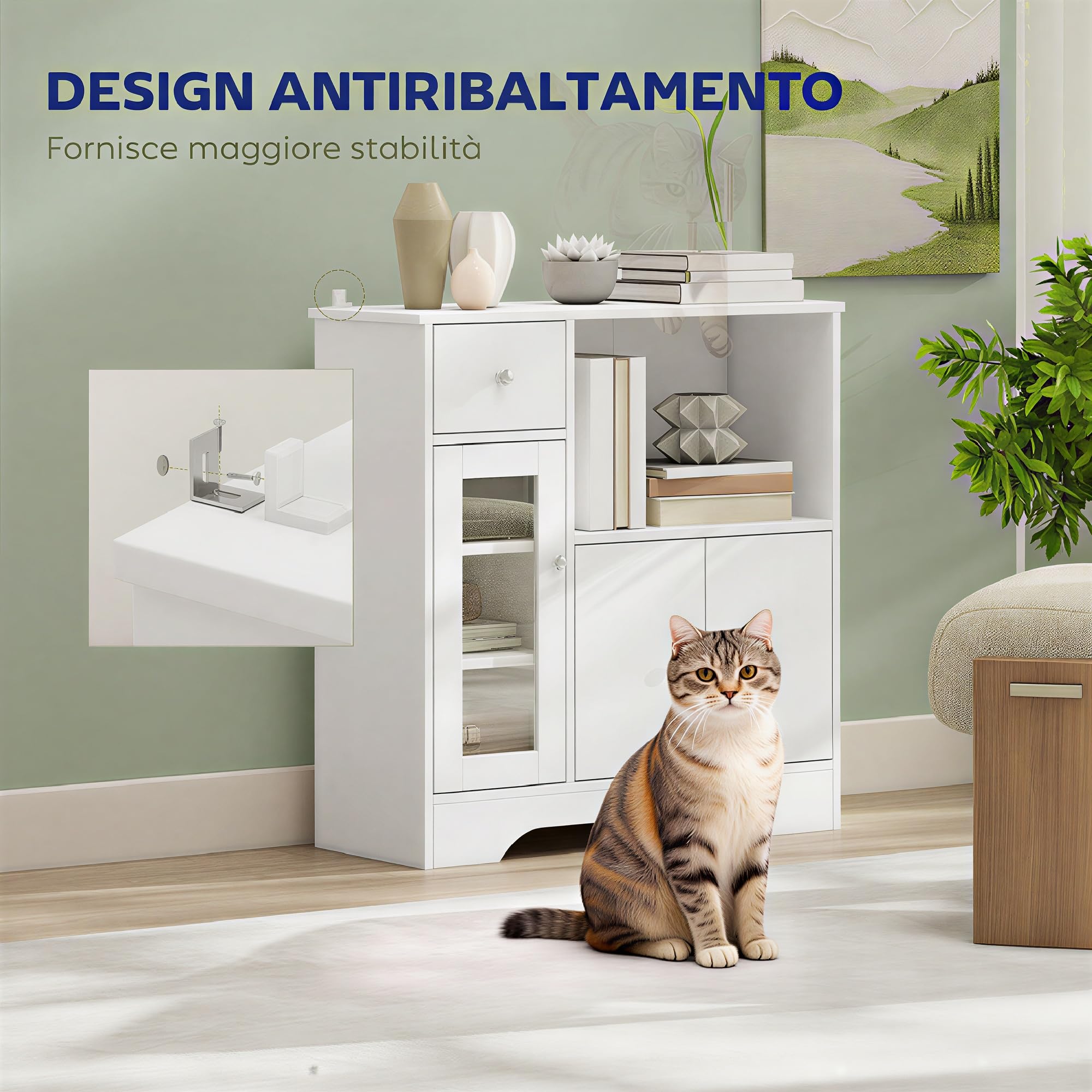 HOMCOM Credenza Cucina con Vano Aperto, Armadietti, Anta in Vetro e Cassetto, Mobile Cucina con Ripiani Regolabili, Buffet Credenza per Sala da Pranzo e Soggiorno, Design Moderno, 80x30x82 cm, Bianco