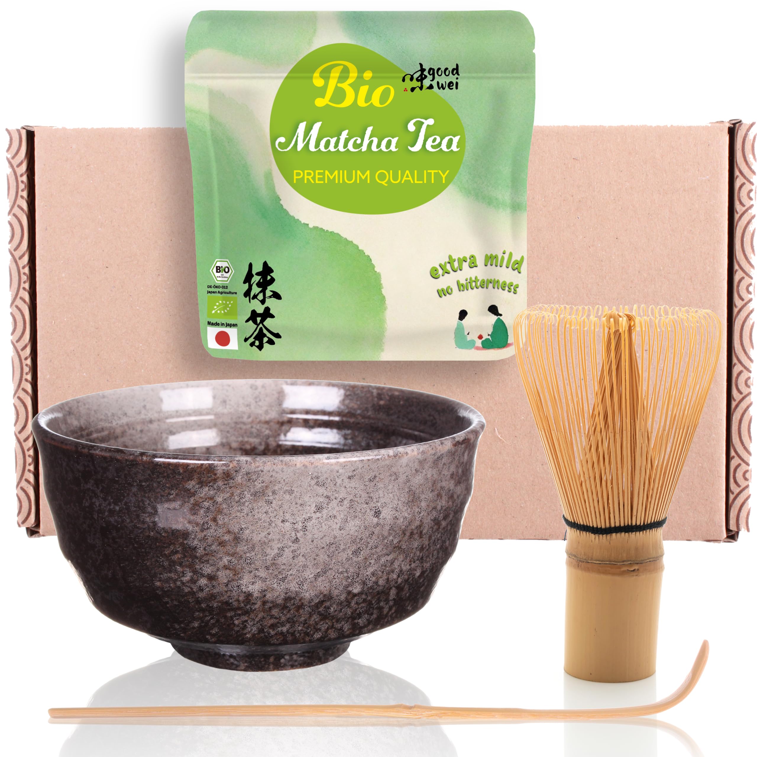Goodwei Matcha Set Tè Vert Matcha BIO Giapponese con Frusta di Bambù, Tazza Matcha in Ceramica, | Ciotola Matcha Artistica | Confezione Regalo (Goma)