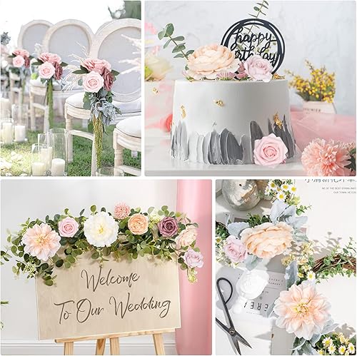 Miniatura 6 de AmyHomie - Juego de flores artificiales color rosa pálido y champán, flores de seda falsas, peonías, rosas con tallo para bricolaje, ramos de boda,