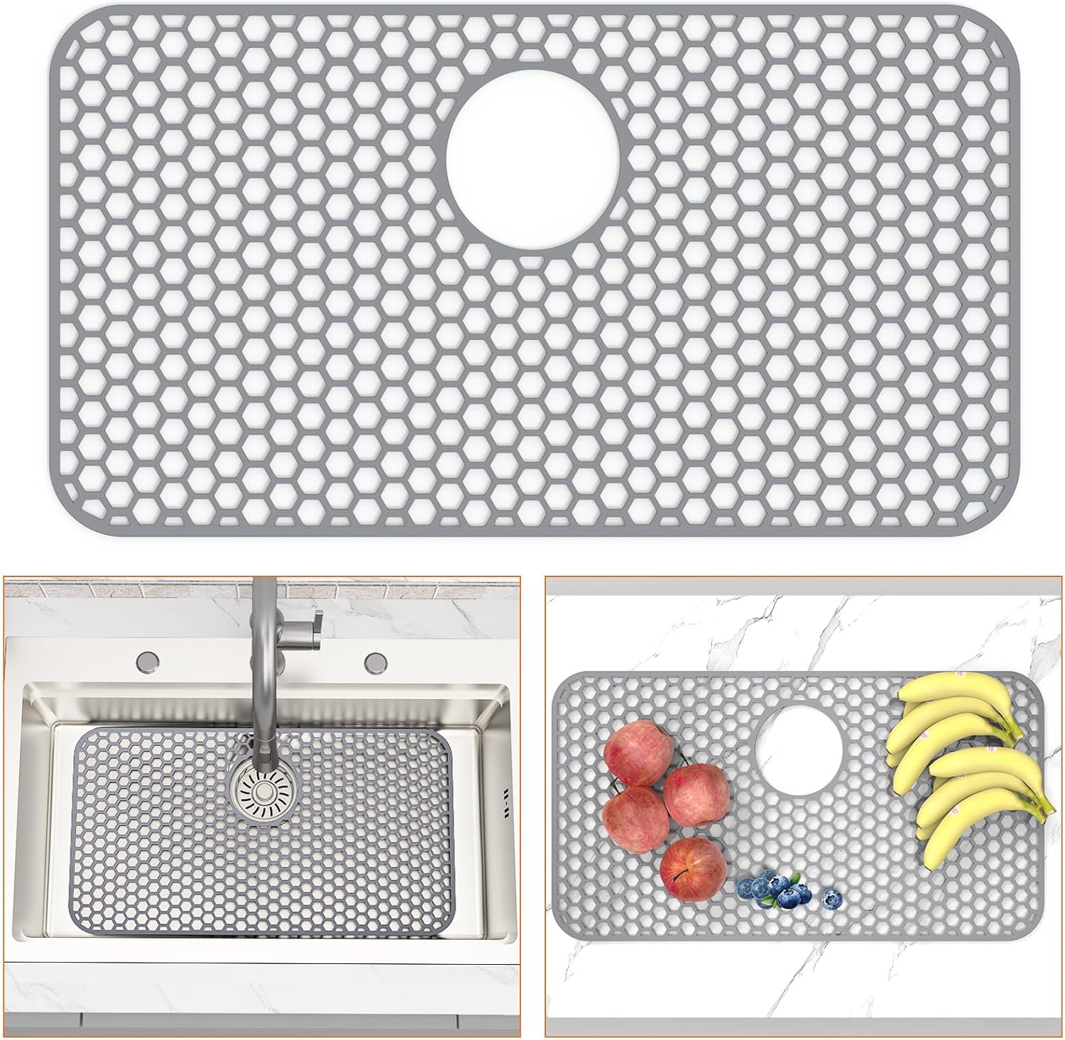 TOOVEM Kitchen Sink Mat - 28.2'' x 15.5'' Heat resistant Silicone Protectors for Kitchen Sink, Easy clean - Rear Drain (Grey)