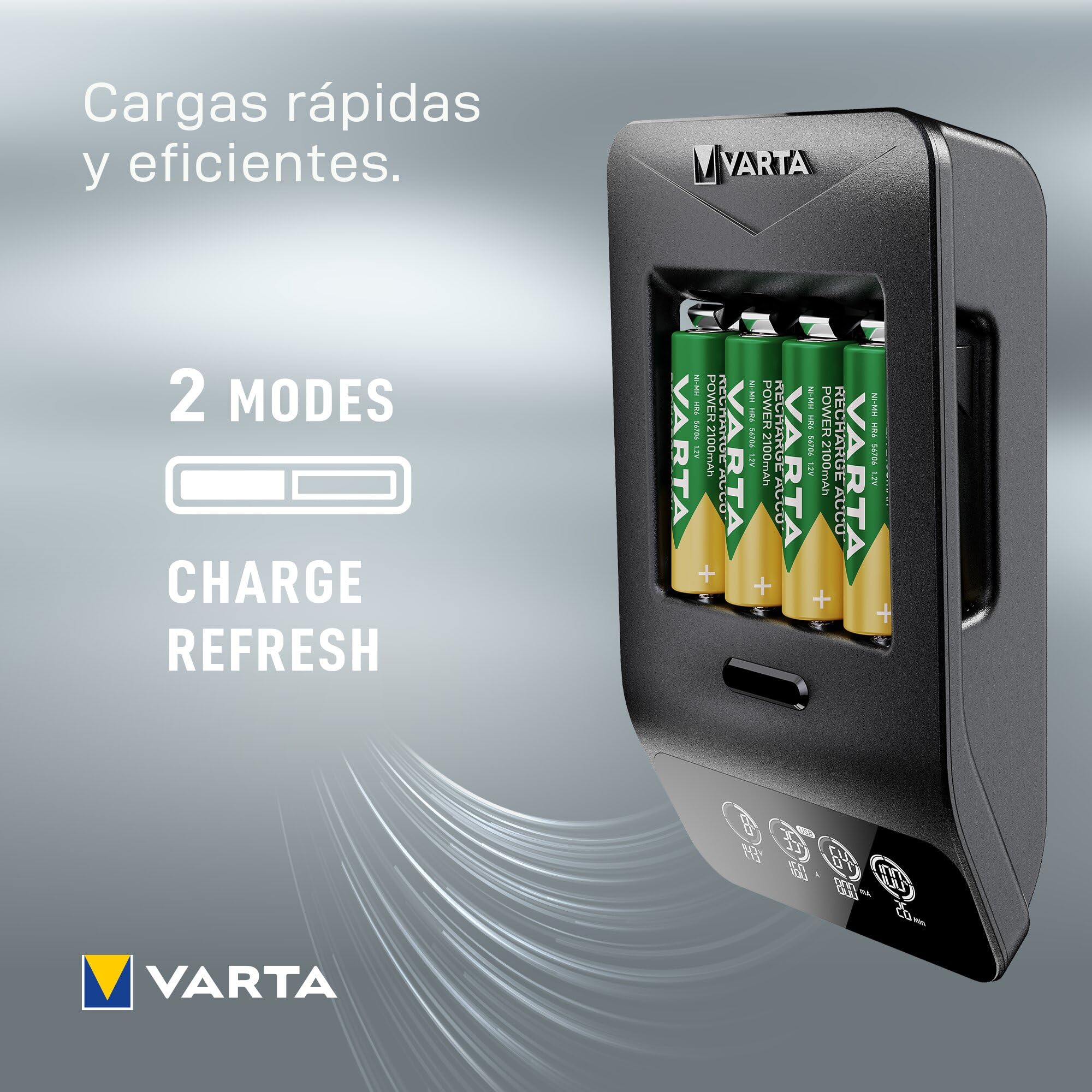 VARTA Cargador de Pilas, Incl. 4X AA 2100mAh, Cargador para Pilas AA/AAA Recargables, LCD Smart Charger+, Carga por Ranura única, 2 Modos: Carga, refresca