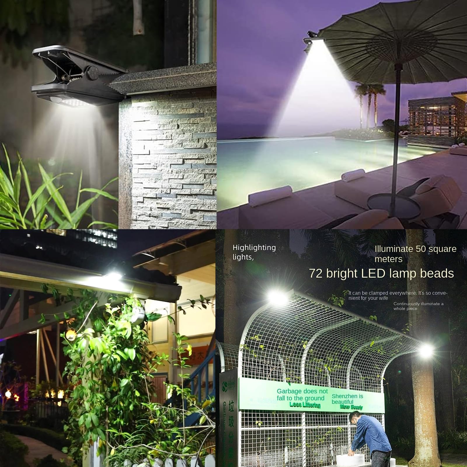 KINGCOO Lampada solare con sensore di movimento per esterni, portatile, impermeabile, 72 LED, con clip, luci solari da campeggio, luci di sicurezza per coperta, recinzione, garage, escursioni,